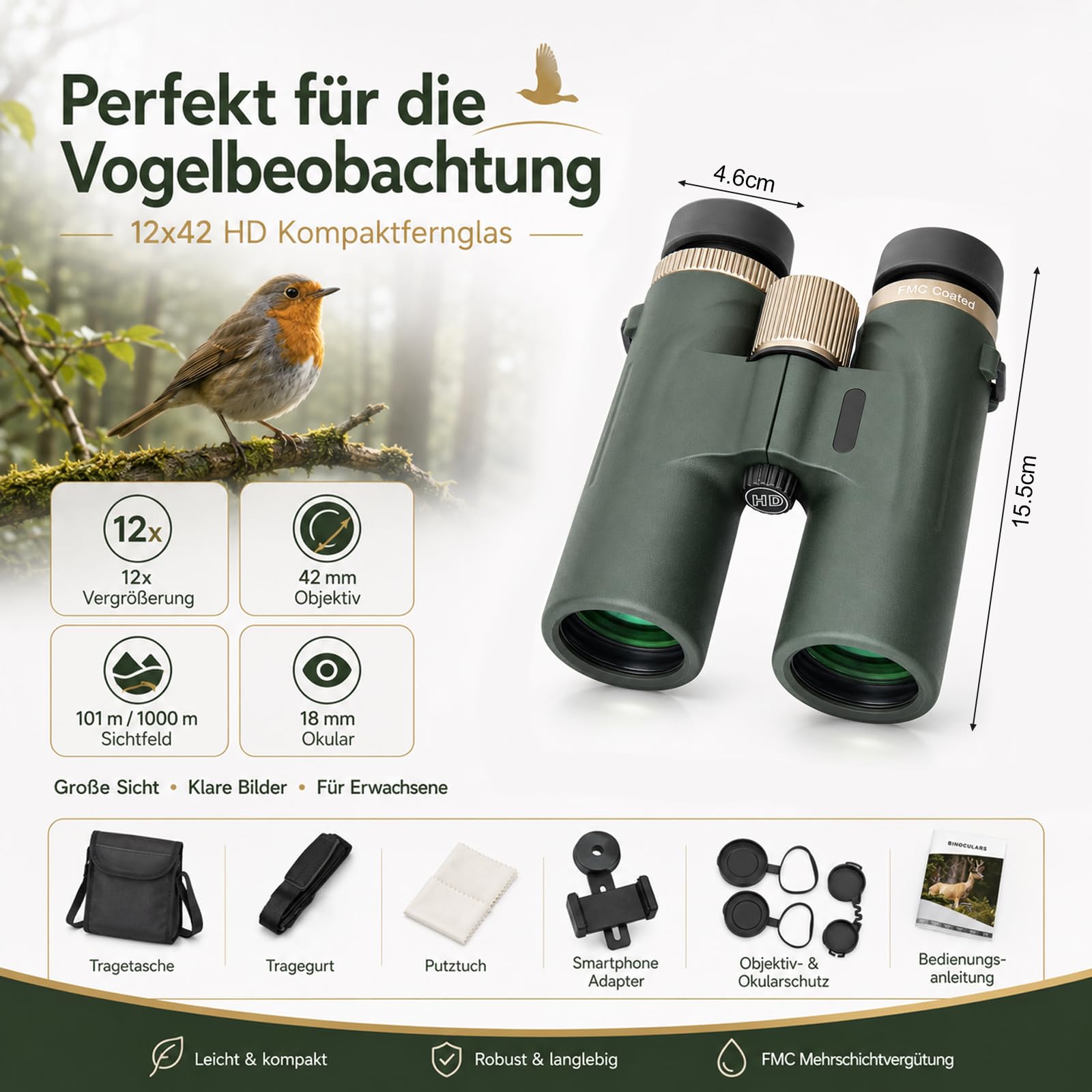 12x42 HD wasserdichtes Profi-Fernglas mit BAK4 Prisma, FMC Linse, Smartphone Adapter & Tragetasche, Easy Focus Weitwinkel – ideal für Vogelbeobachtung, Stargazing, Reisen, Wandern, Jagd & Konzerte