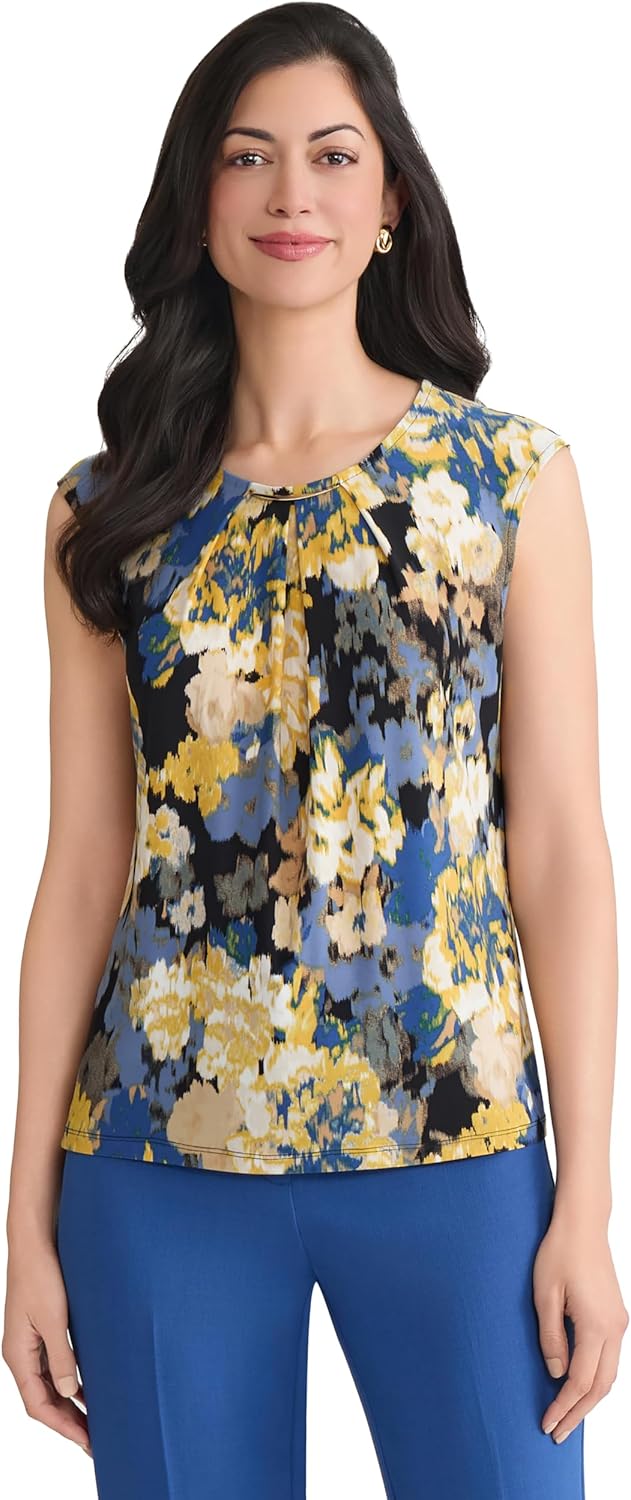 Kasper Womens Multi Floral Pleat Neck Knit Top with Hardware