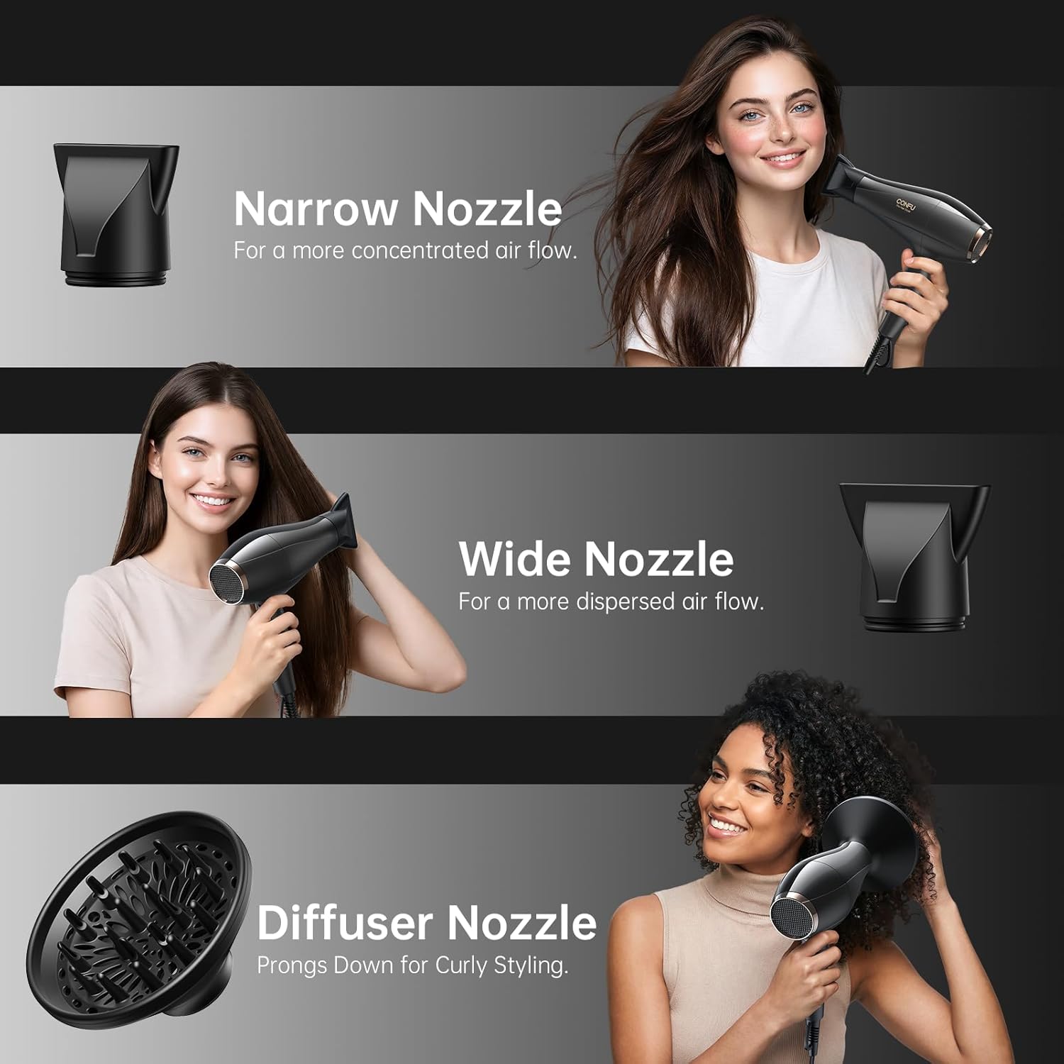 Professional Salon Hair Dryer, CONFU 1875 Watt Negative Ionic Fast Drying Blow Dryer, AC Motor Low Noise Hair Blow Dryer with Diffuser & 2 Concentrator Nozzles