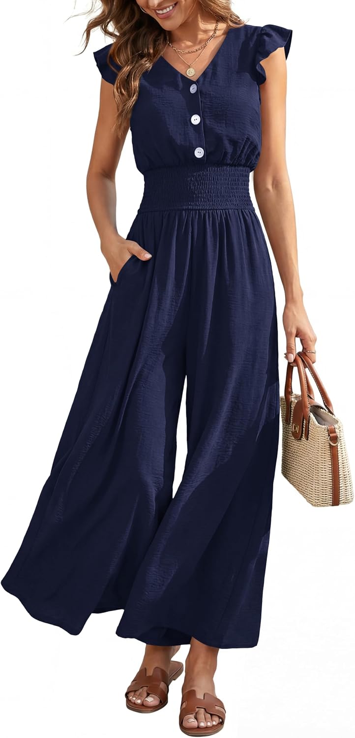 dowerme Women's Jumpsuits Dressy Casual 2026 Summer Ruffle Cap Sleeve V Neck Button Smocked Rompers Wide Leg Overalls