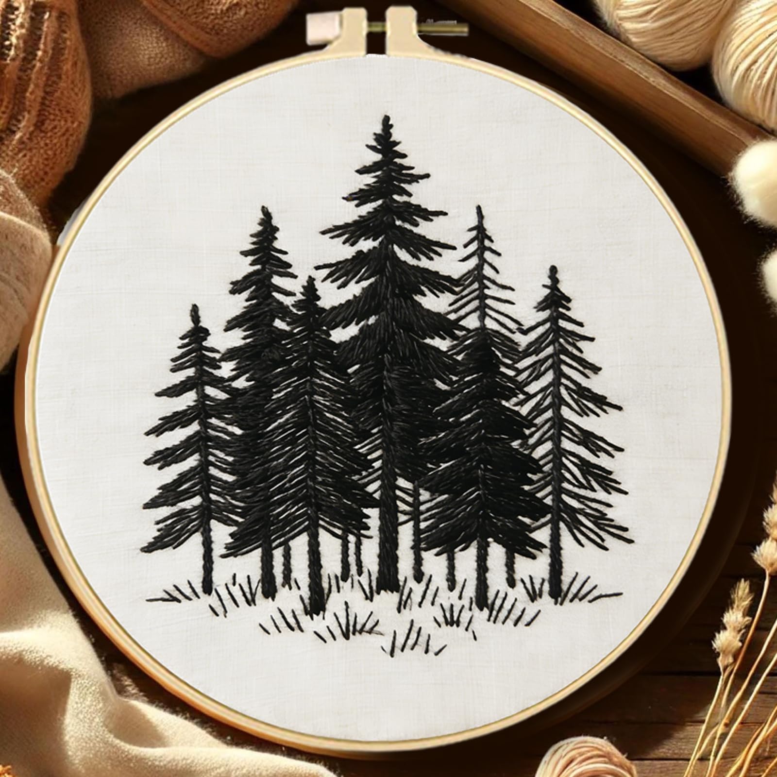 FREEBLOSS 4 Stickset Für Anfänger Nadelspitzenstickerei Starterset Mit Vorgedrucktem Waldlandschaftsmuster Anleitung Farbige Fäden 2 Creolen 7.9"/20cm