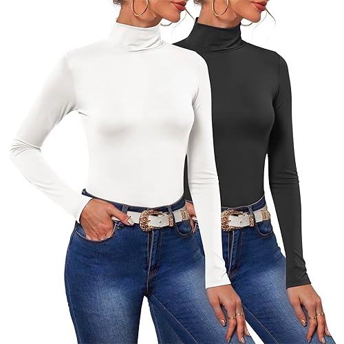 2 Pack Women's Turtleneck Long Sleeve Tops Mock Neck Slim