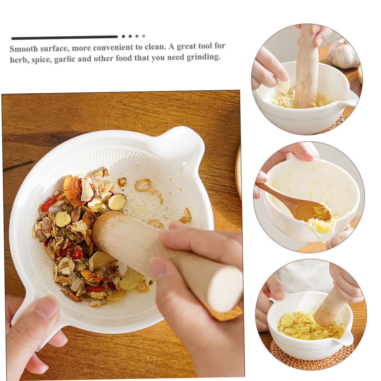 Manual Grinding Bowl and Pestle for Complementary Food Preparation Food Grade Non Slip Mortar Pestle Tool for Garlic Spices Supplements and Pills White Kitchen Grinder