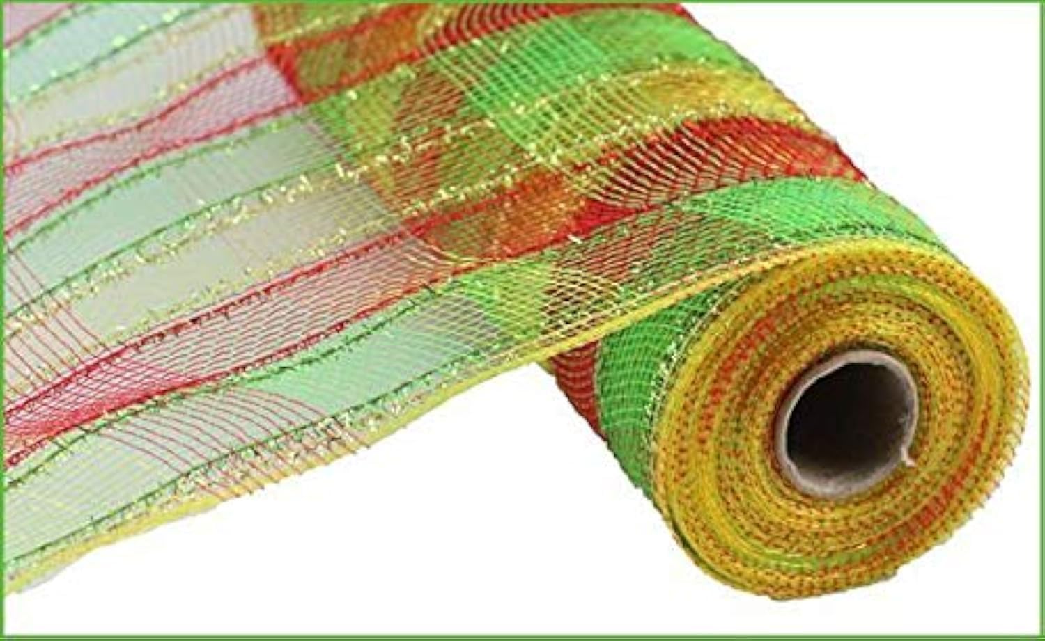 Tinsel Plaid Check Deco Poly Mesh Ribbon - 10 inch x 30 feet (Red, Lime, Gold)