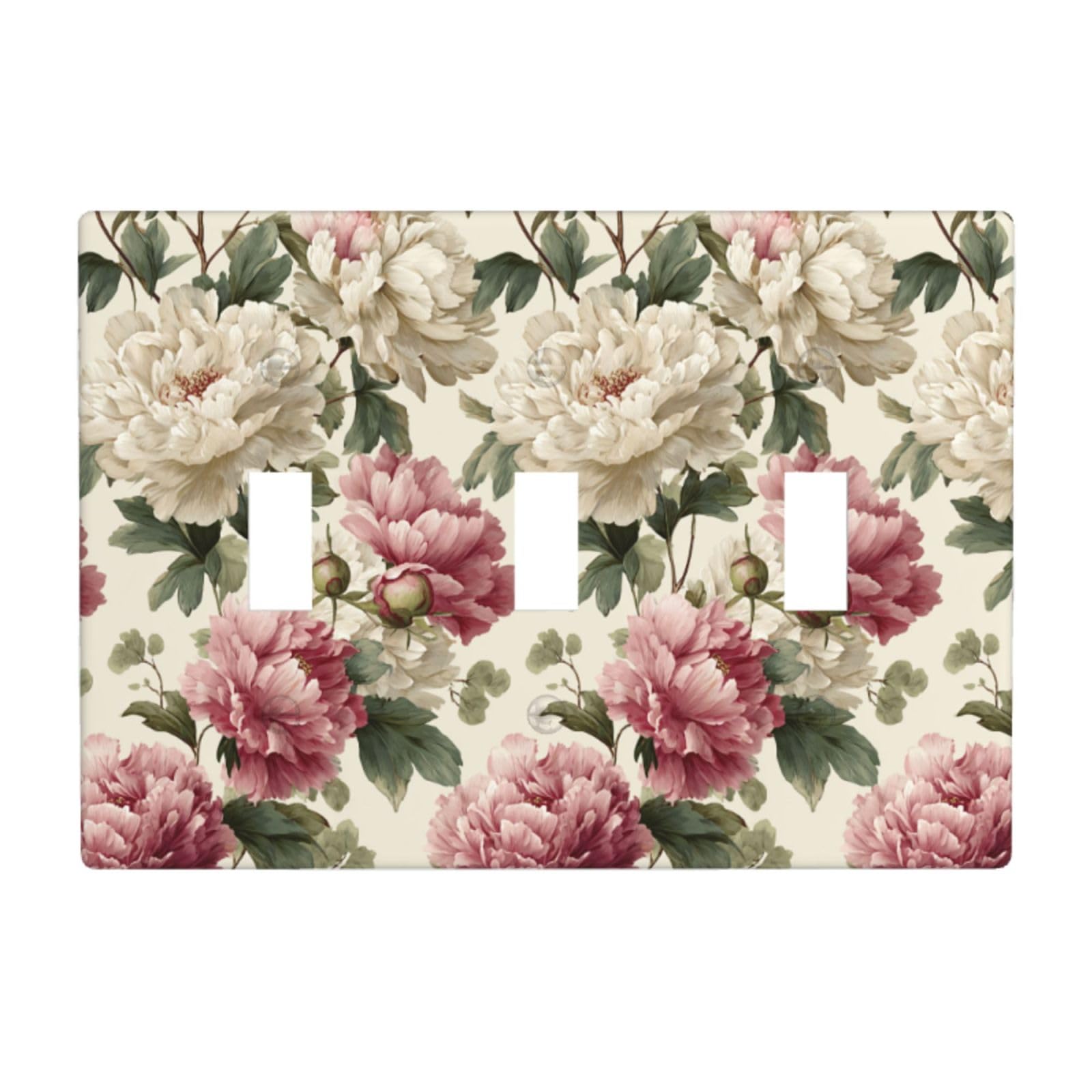 Woshuwo White Pink Peonies With Sage Green Foliage Vintage Light Switch Covers 3 Gang Triple Toggle Wall Plate Switchplate Electrical Faceplate For Bathroom Kitchen Bedroom Decor