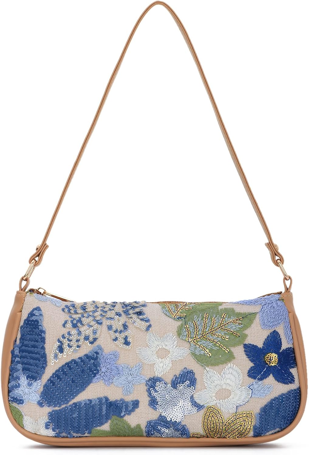 Oweisong Women Floral Beaded Purses Summer Hobo Embroidered Shoulder Bag Leather Sequin Top Handle Underarm Handbag