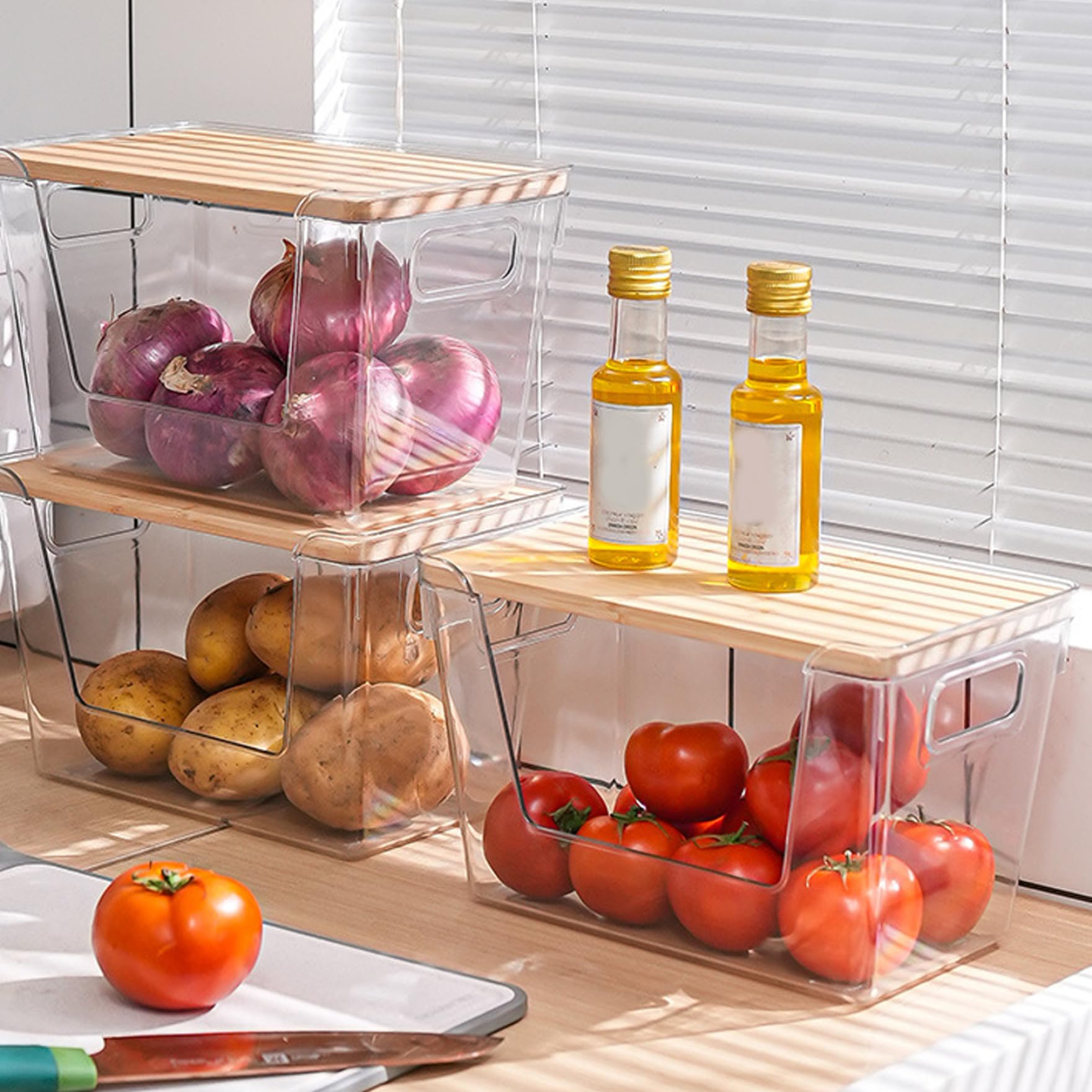 Dispensador de bolsas de basura, 2 unidades, gran capacidad, apilables, con frente abierto, con tapas de bambú y asa para organización de cocina, lavandería, soporte para bolsas de basura
