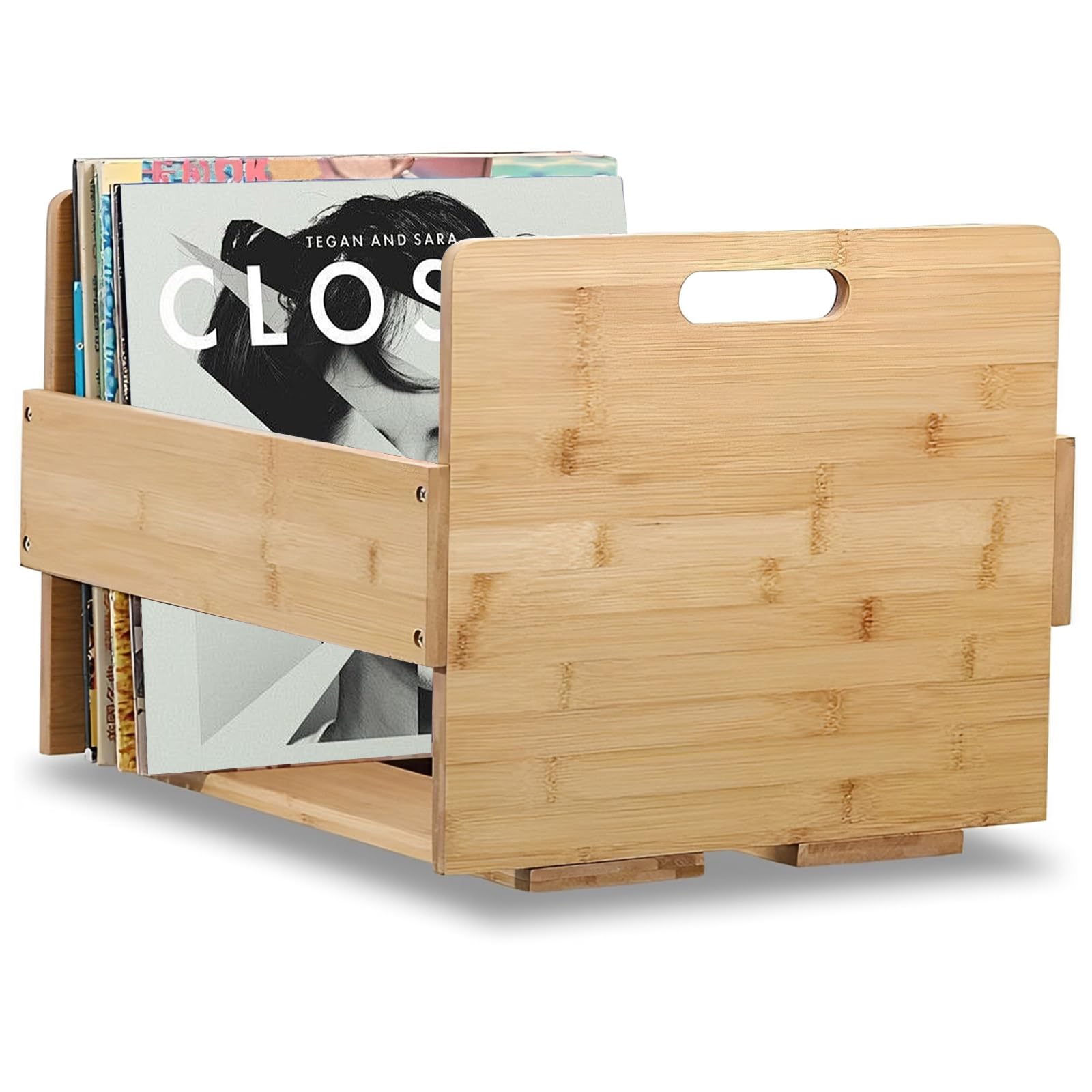 Scatola portaoggetti per dischi grande, 40 x 35,5 x 31,5 cm, in vinile, con manici, scatole in bambù con viti di fissaggio, scatola rustica in vinile per album, audio, riviste, libri