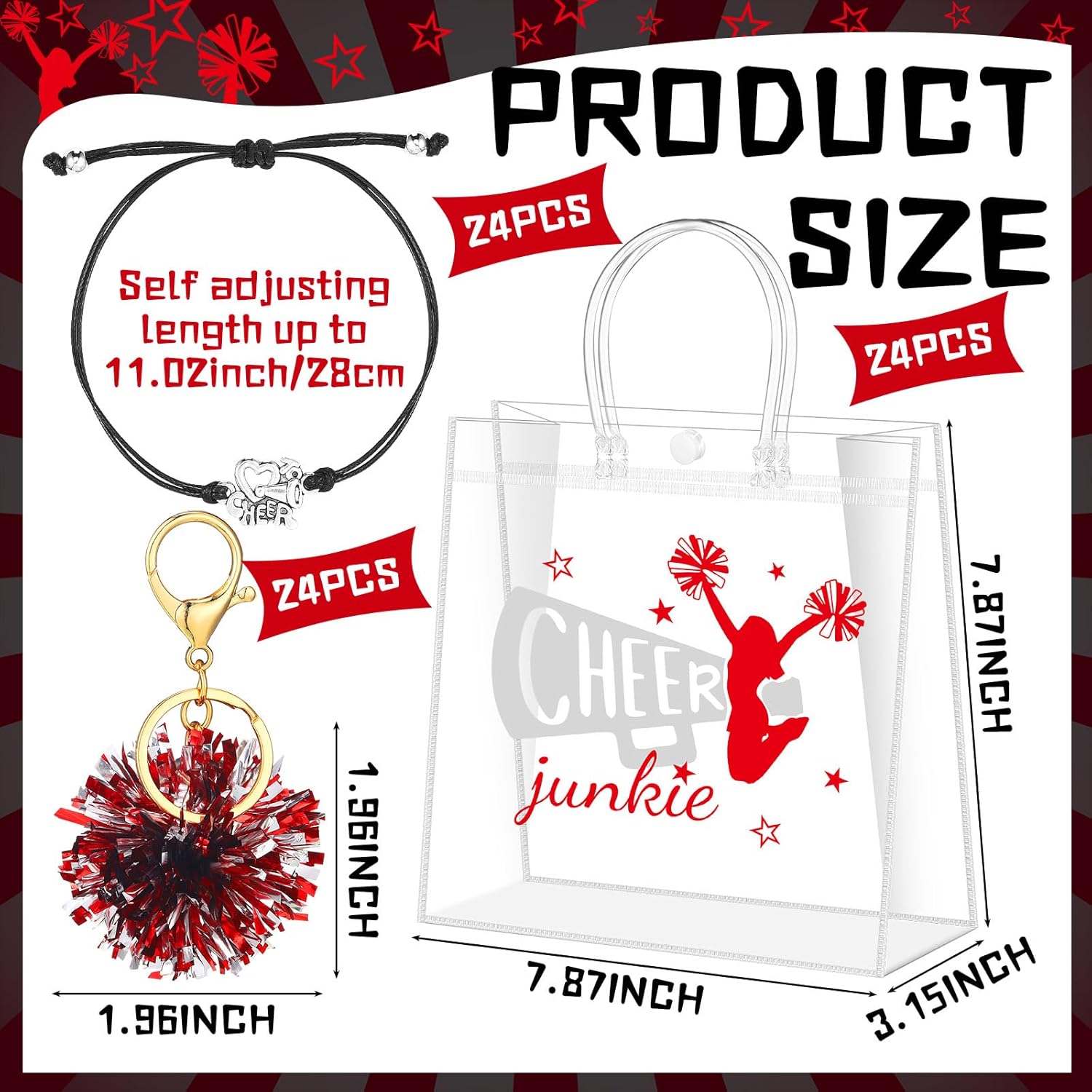 Landical 72 Pcs Cheerleading Gifts Set 24 Cheer Bags 24 Pom Pom Keychain 24 Cheerleader Bracelet, PVC Transparent Tote Bags Bulk Accessories for Women Teammate Team Coach Gift