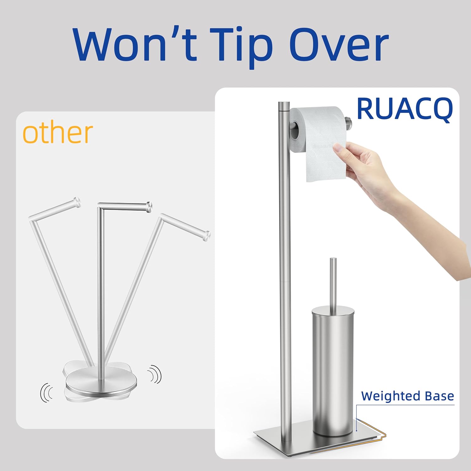 RUACQ Toilet Paper Holder Stand with Toilet Brush and Holder Set, 304 Stainless Steel Bathroom Toilet Tissue Paper Roll Holder Free Standing, Weighted Base, Heavy Duty (Brushed Nickel)