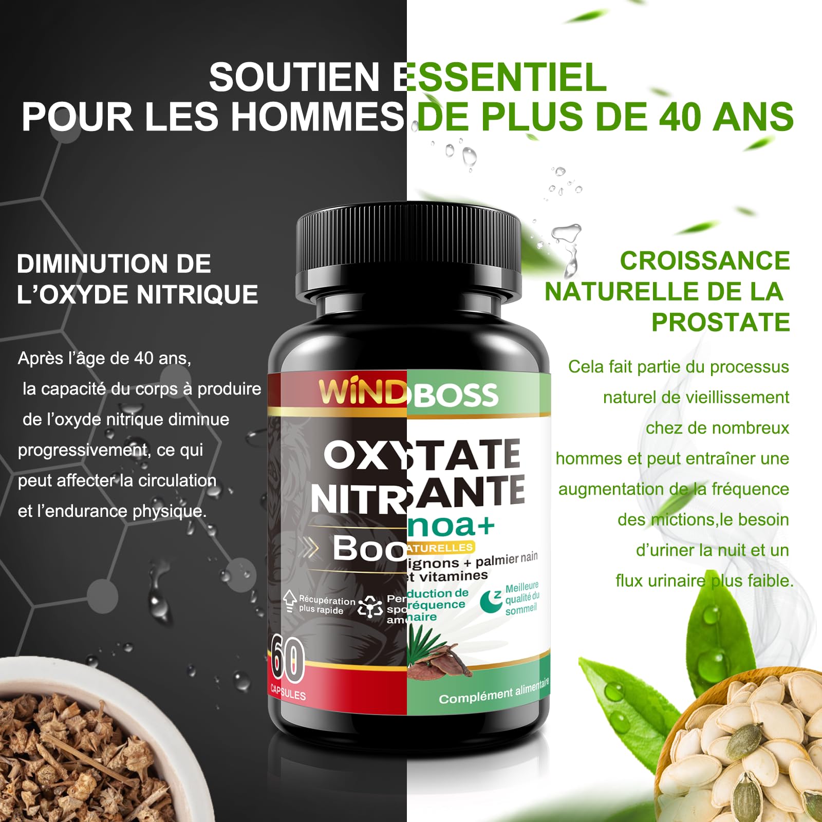 WINDBOSS Pack 2 en 1 – Booster d’Oxyde Nitrique & Complément Prostate pour Hommes – 60 Gélules Chacun – Améliore Circulation, Endurance, Santé Urinaire et Qualité du Sommeil avec