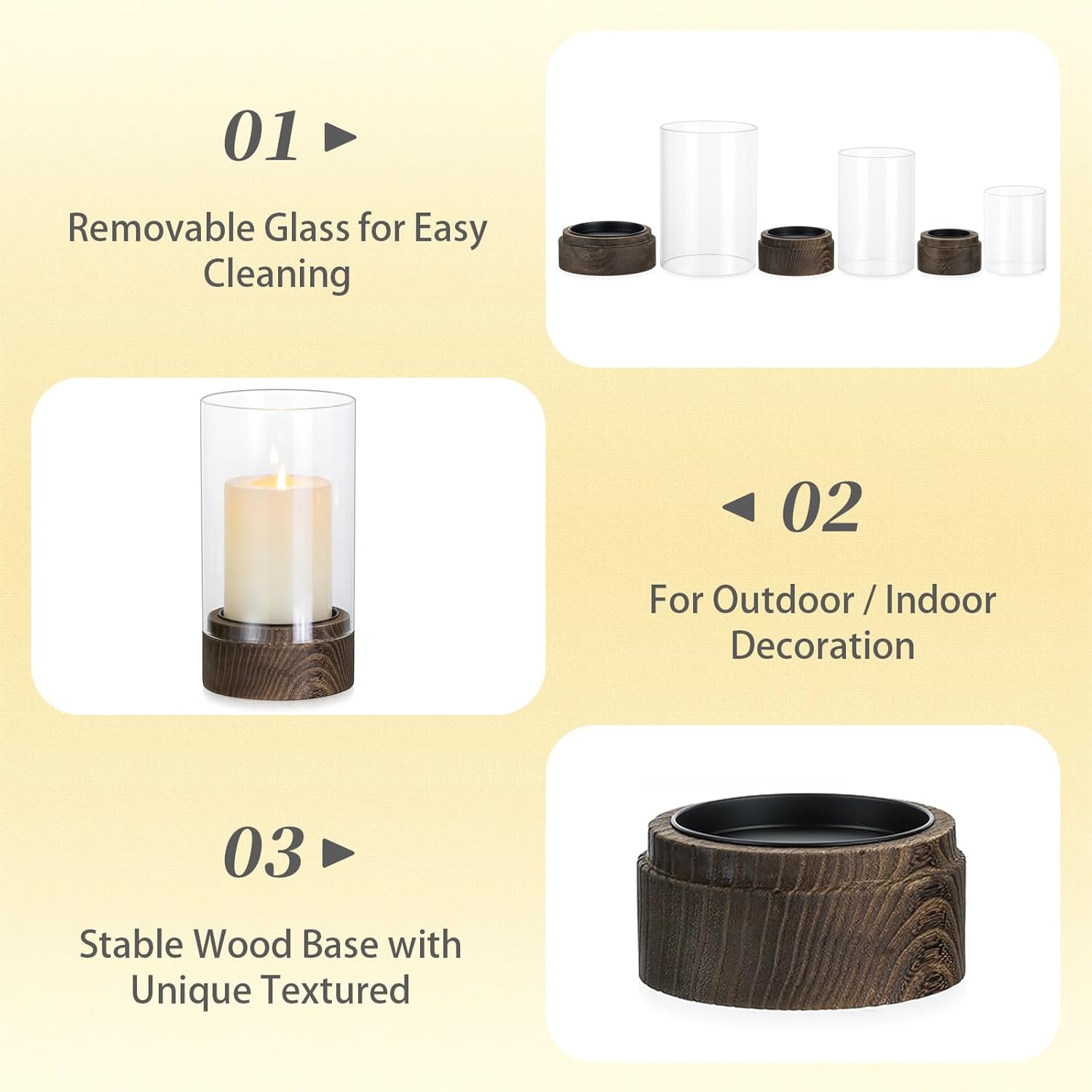 Hewory Hurricane Glass Candle Holder : Set of 3 Rustic Brown Candle Holders for Pillar Candles, Vintage Decorative Wood Stand with Clear Glass for Weddings,Christmas,Table Centerpiece,Home Decor