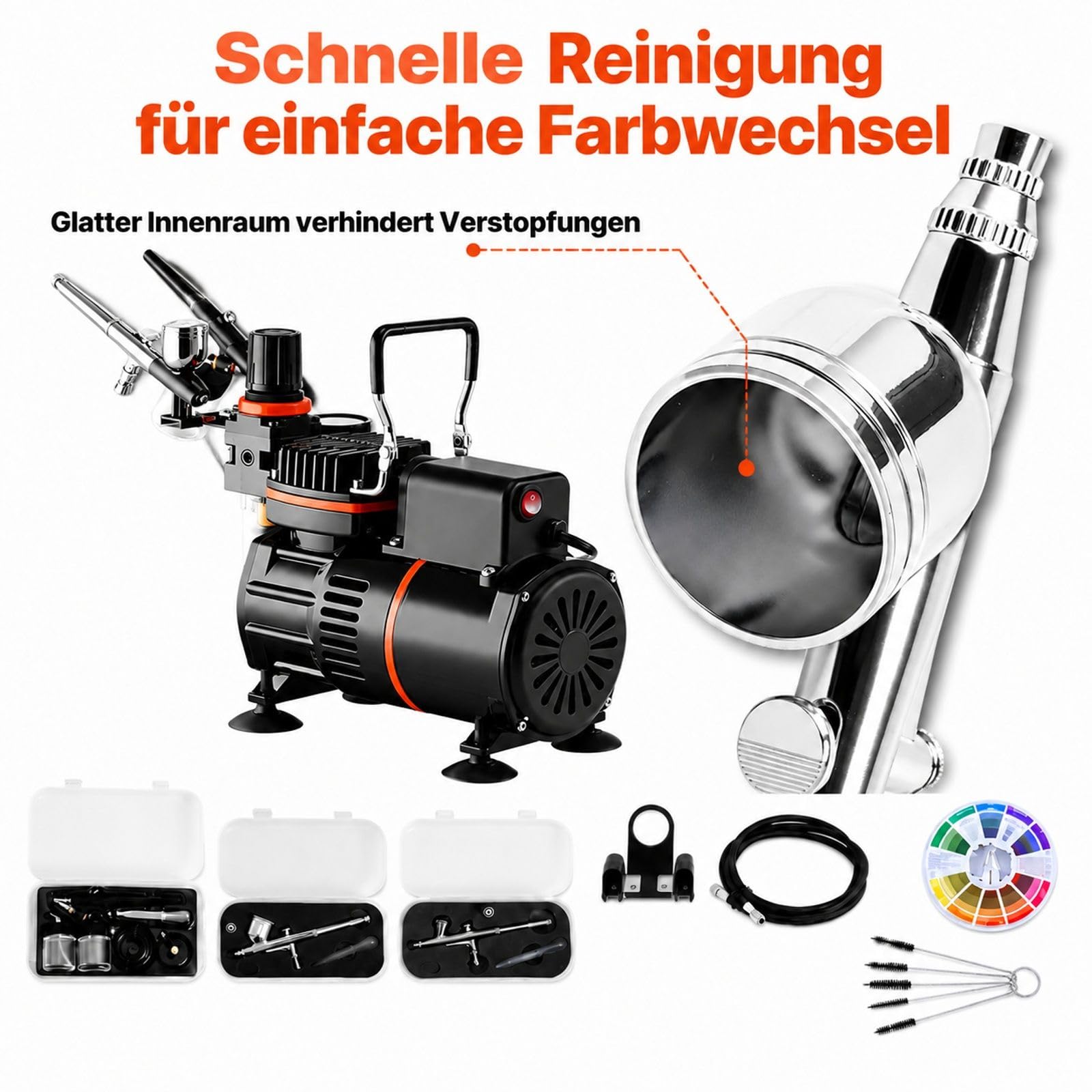 Airbrush Set mit Luftkompressor, 3 Double Action Airbrushpistolen, 3 Düsen, Schlauch, Acrylfarbe und 2 Ventilatoren für Tortendekoration, Modellbemalung und Nagelkunst
