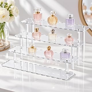Beeveer 4Tier Clear Scalloped Display Riser Stand Acrylic Perfume Organizer | Wavy Tiered Shelf for Vanity, Perfume, Skincare and Cosmetics, Decorative Clear Display Stand for Cupcakes and Collectibles