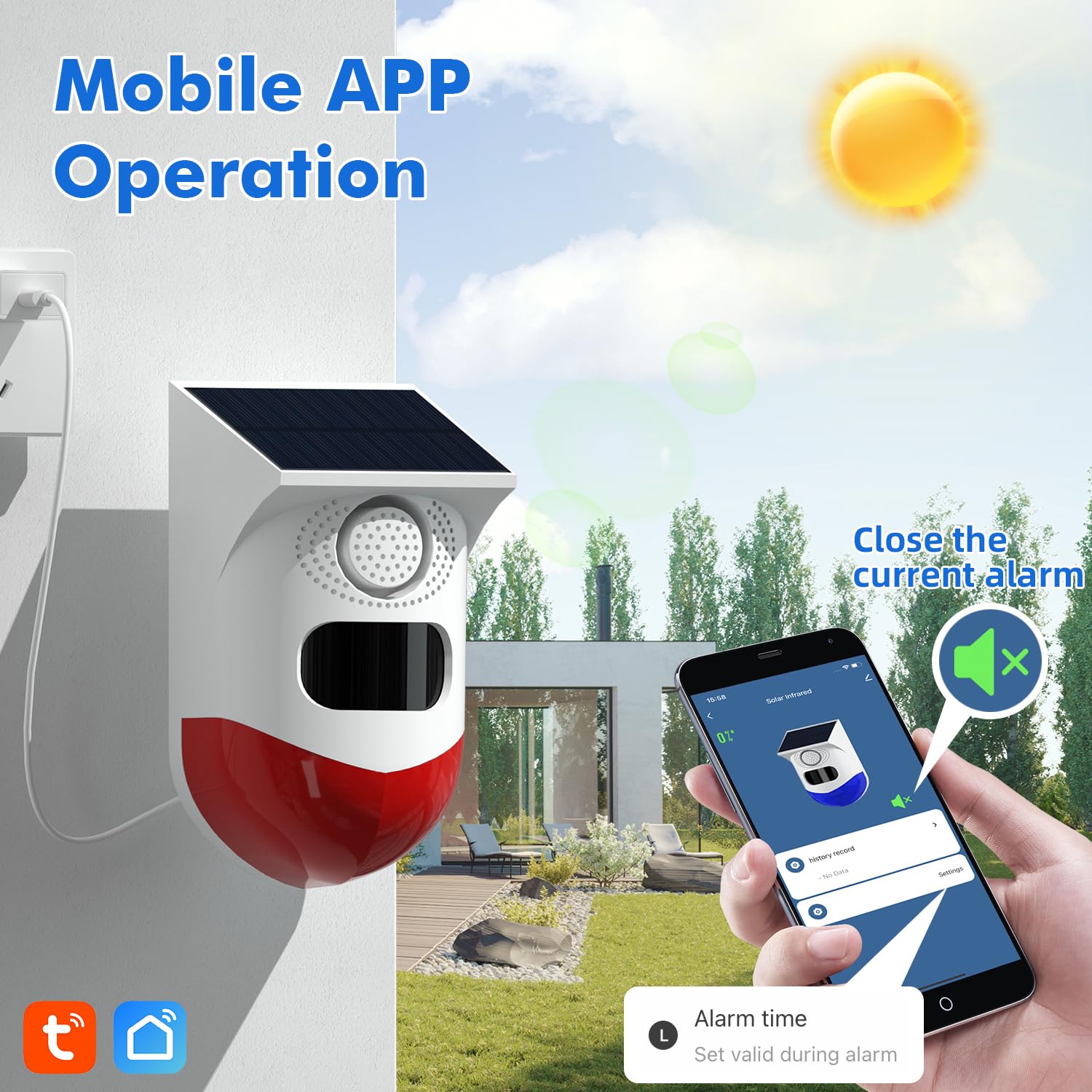 Détecteur de mouvement solaire WiFi extérieur, contrôle par application, sirène de sécurité sonore 120 dB, étanche IP65, avec lumière stroboscopique pour la maison, la ferme, la grange, la villa, la