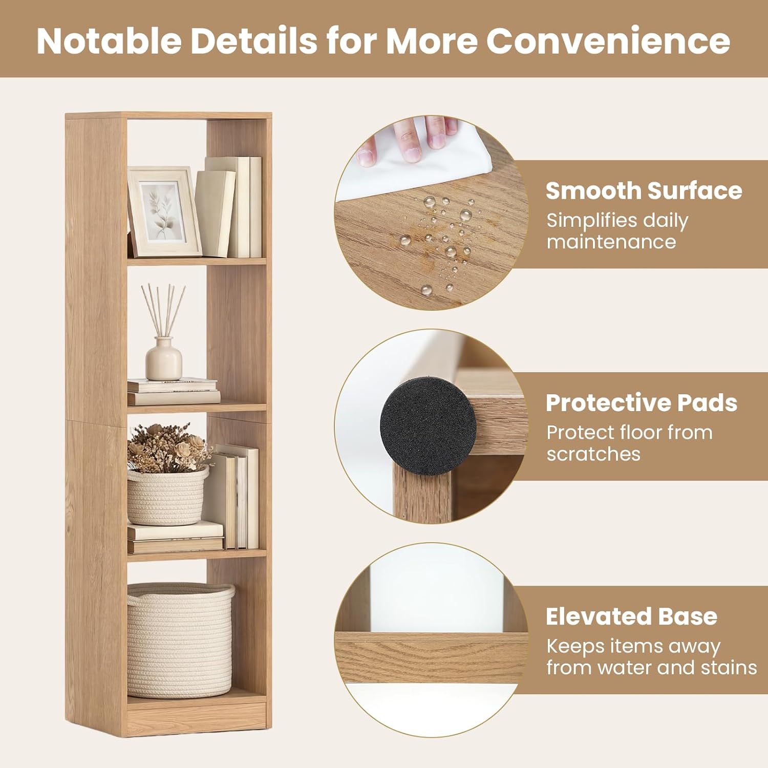 Giantex 56" Tall 4 Cube Bookcase, Natural Freestanding 15" Wide 5-Tier Narrow Open Display Bookshelf w/ 4 Anti-Tipping Kits, Wooden Cube Storage Organizer for Small Place, Living Room, Bedroom