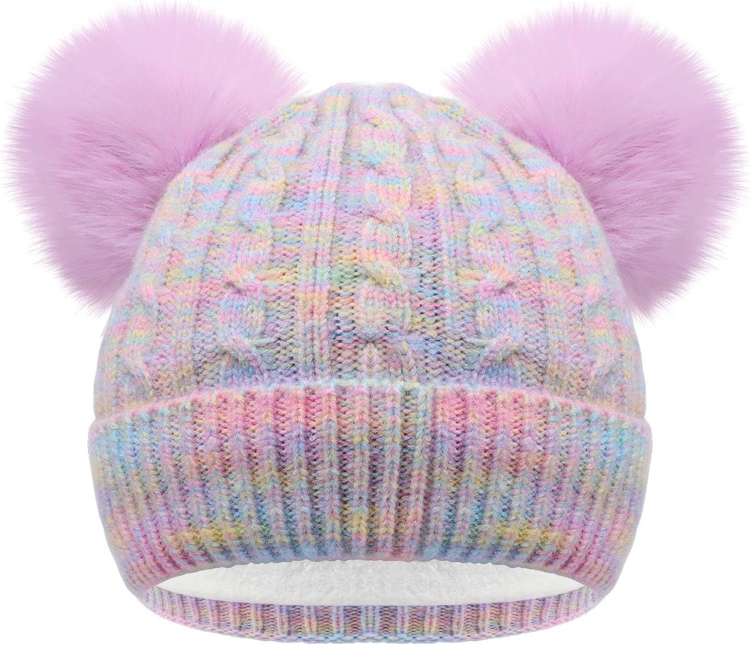Girls Rainbow Pom Pom Beanies Hats Winter Knit Fleece Lined Beanie Hat for Kids Outdoor Snow Ski Skull Cap Age 7-12