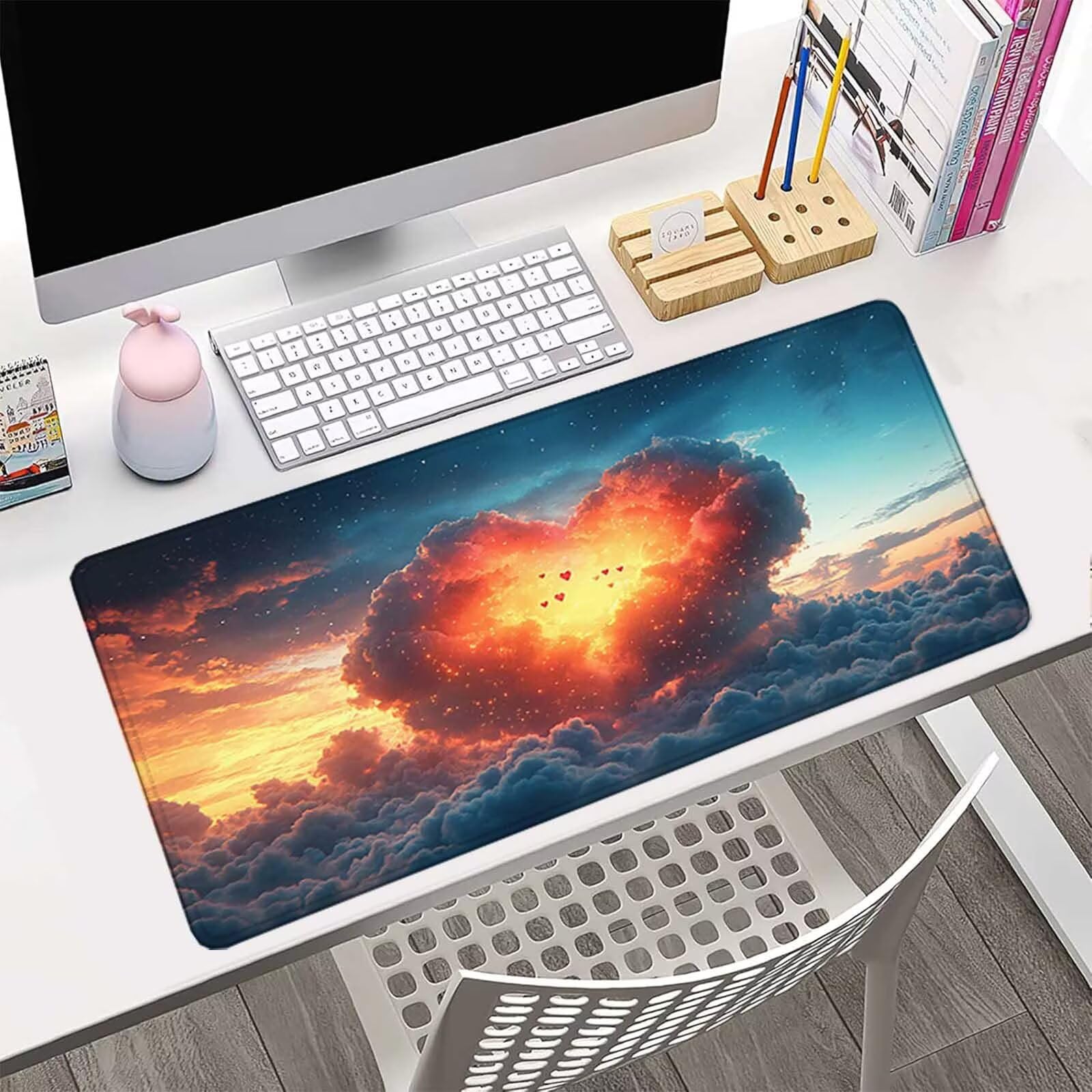 Biała podkładka pod mysz XXL 1200 x 600 mm, wodoodporna podkładka pod mysz niebo wzór szyte krawędzie design akcesoria biurowe antypoślizgowa gumowa podstawa powierzchnia dla graczy, biurko -hjw250618