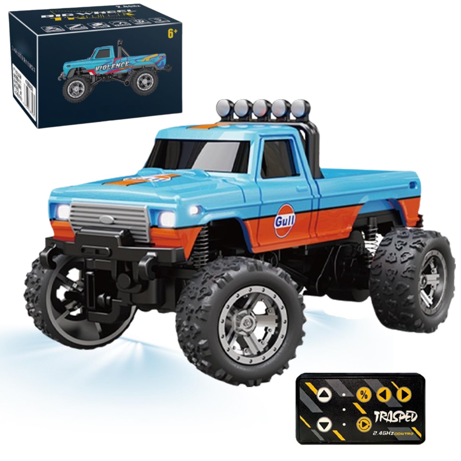 Mini Monster 1:64 Off-Road LED Alloy Racer, 3-Speed Modes, 2.4GHz Racing System, with LED Lights, Mini Rc Truck, for Ages 14+ Hobbyists and Collectors (Blue-1)