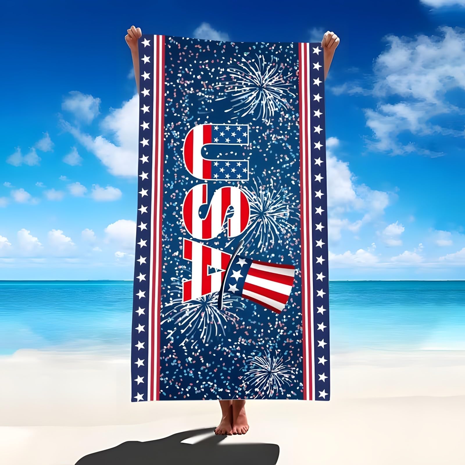 YZQGLHP Fireworks Microfibre Beach Towel National Flags Beach Bath Towel Quick Drying, Lightweight, Sand-Free, Durable, for Pool, Gym, Camping, Travel Towel 90x200cm