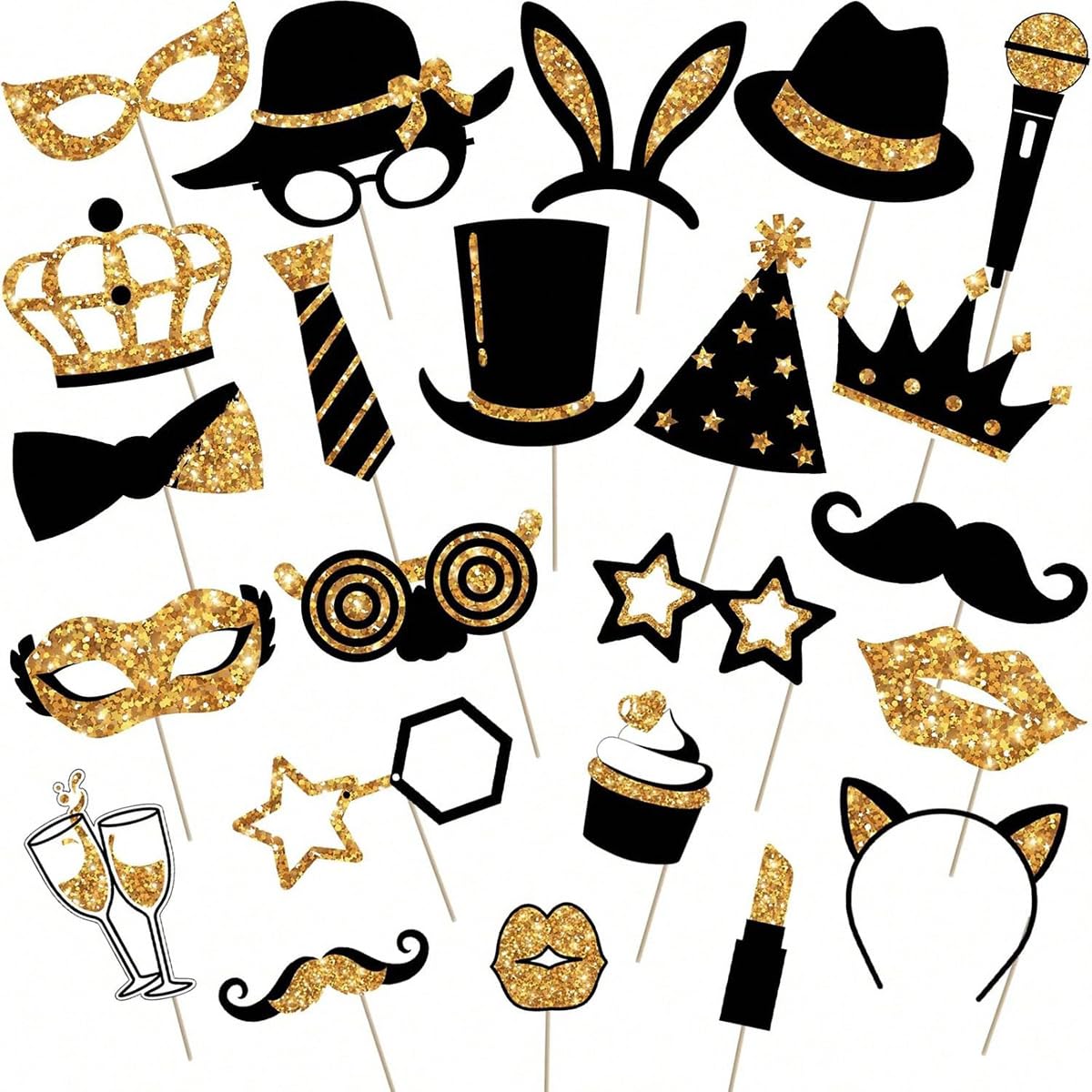 Photo Booth Props, Black and Gold Party Decorations, 23PCS Glitter Photo Accessories for Weddings, Birthdays, Christmas, New Year Eve Parties