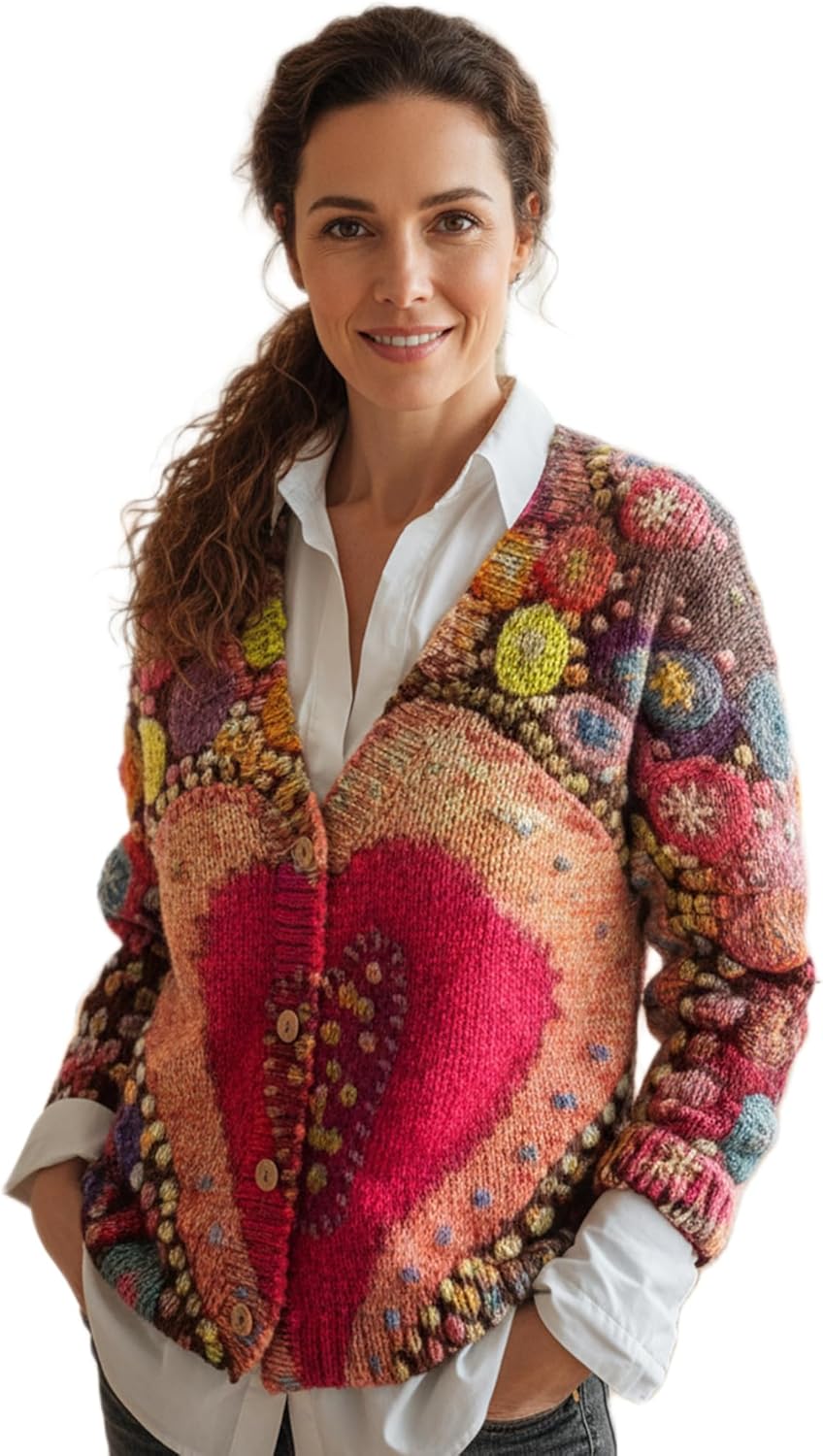 Womens V Neck Button Front Knit Cardigan Long Sleeve Loose Fit Casual Printed Sweater for Daily Wear