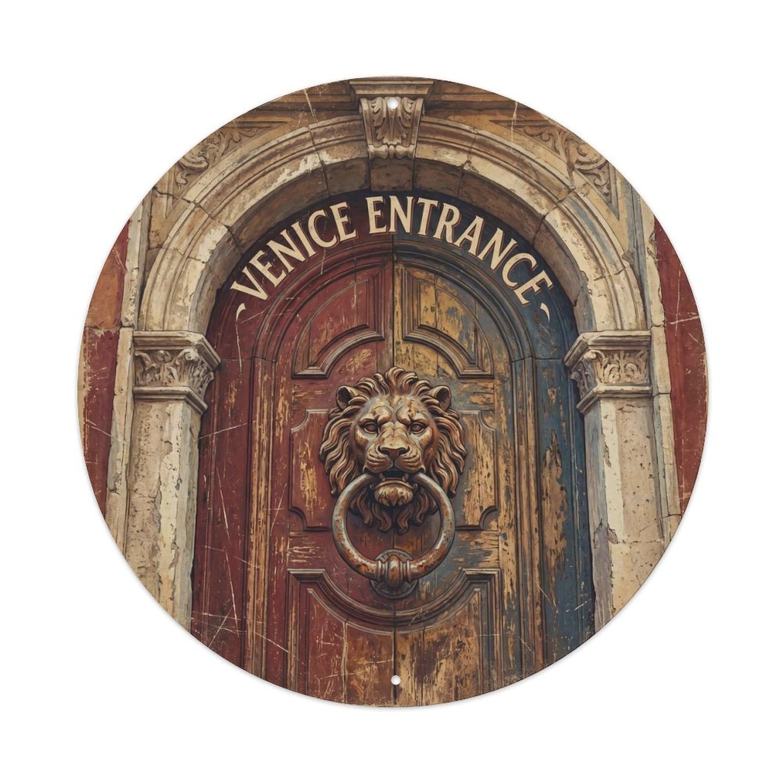 Venice Palace Door Lion Architecture Romantic Travel Heritage Metal Tin Sign Plaque Wall Decor for Cafe, Man Cave, Club Bar, Office, Home Garden Round Metal Poster 8x8Inch