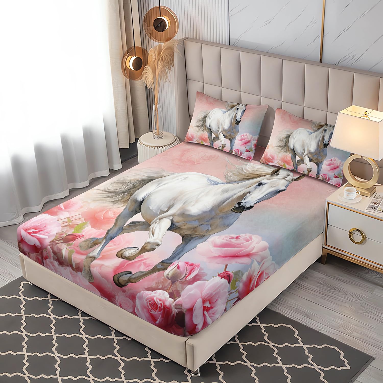 UEVBF Galloping White Horse Bedding Full Fitted Sheet Set Girls,Pink Floral Bedding Set for Kids Bedroom Decor,Western Farm Animal Bedding Fitted Sheet Sets,1 Fitted Sheet+2 Pillowcases.