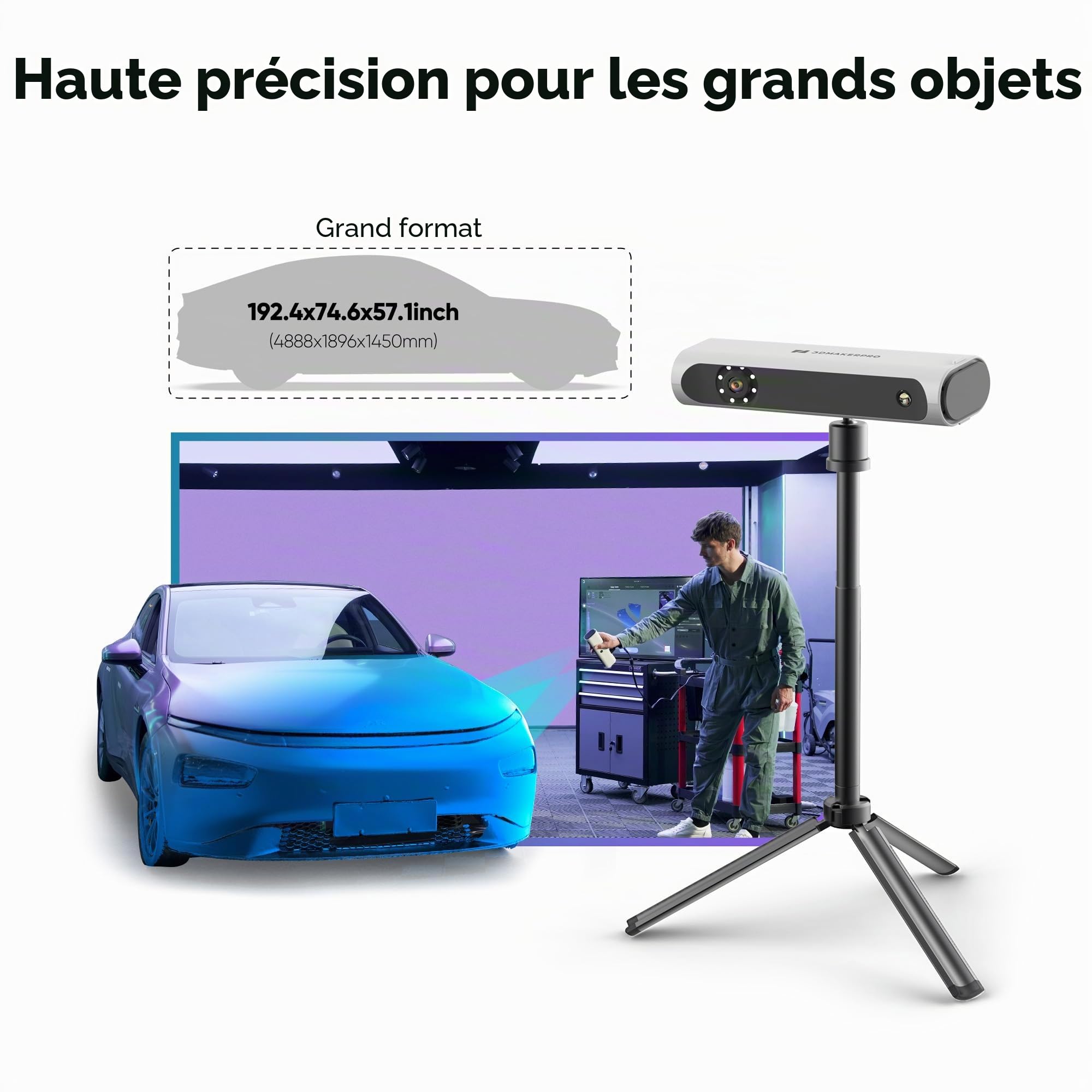 Scanner 3D Lynx 3DMakerpro 0,1 mm de précision et vitesse de numérisation 10 FPS Scanner portable 3D avec algorithme d'alignement intelligent sur grande surface - Paquet Premium