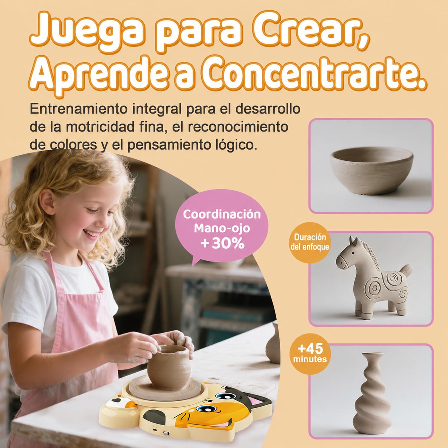 Torno Alfarero para Niños, Set Completo de Torno Ceramica para Principiantes, Kit Manualidades Creativo 6+ Años con 3 x Arcilla de Secado al Aire, Pottery Kit, Regalo para Niños y Niñas (Motivo Gato)