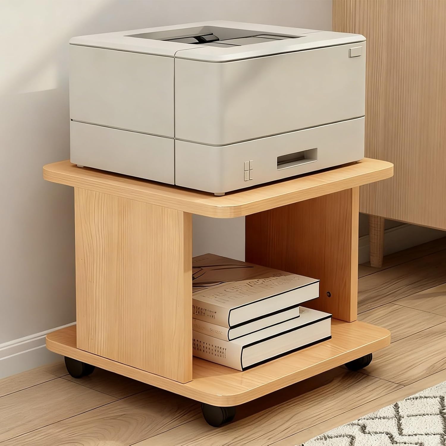 Under Desk Drawer Wooden 2 Tier Printer Shelf with Storage，Mobile Cart Wooden File Cabinets with Open Storage Shelf(White,15.7x15.7x11.0in)