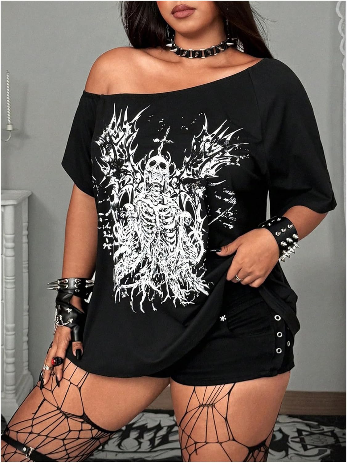 Women's Plus Size Skull Off The Shoulder T Shirt Oversized Grunge Punk Shirt Gothic Short Sleeve Going Out Top - Image 3