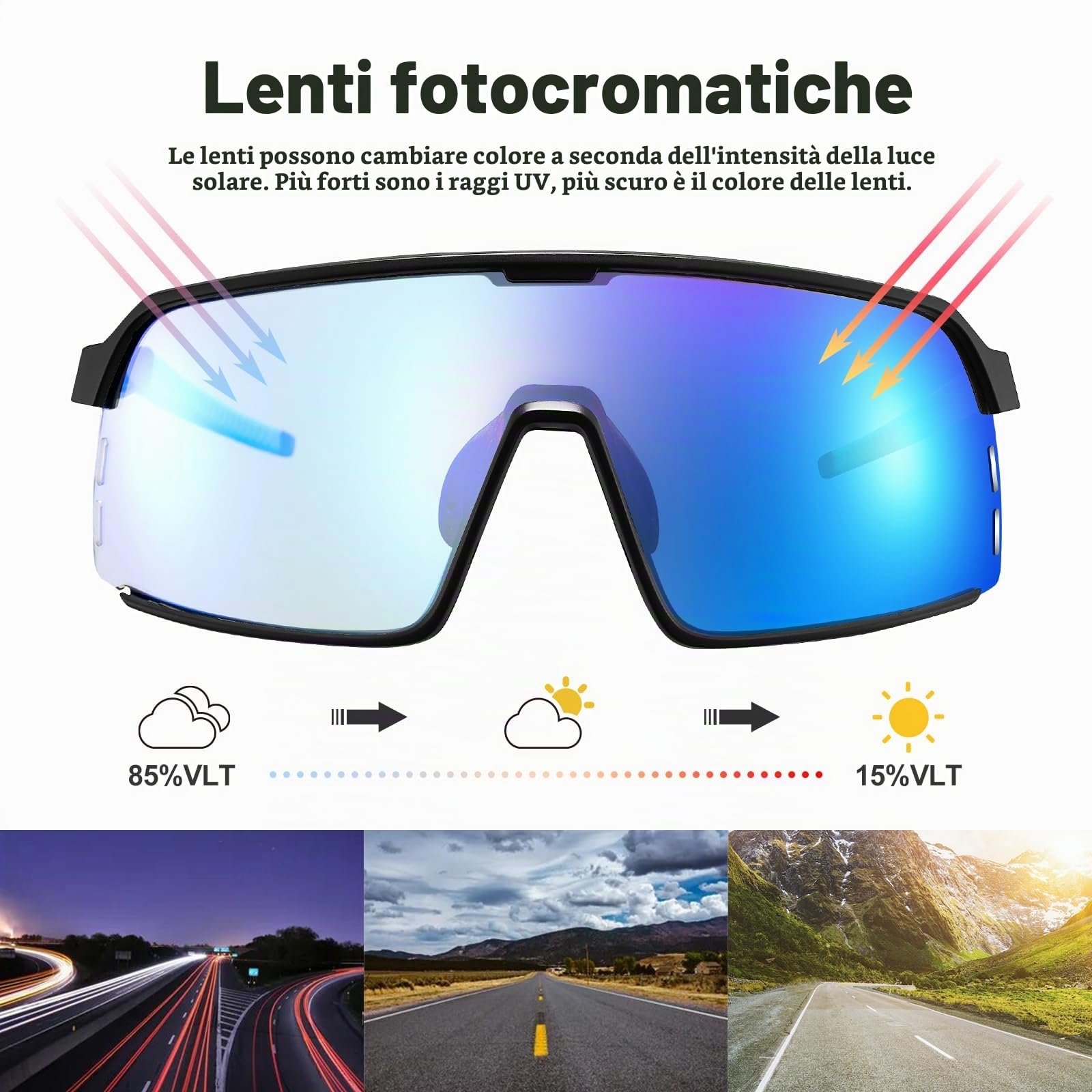 Odoland occhiali veloci sportivi uomo, occhiali da ciclismo con lenti fotocromatici UV400 occhiali running occhiali bici da corsa occhiali mtb accessori ciclismo occhiali per donna adulti