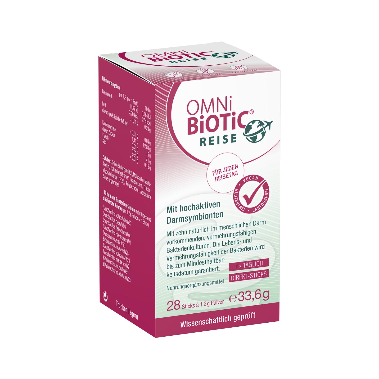OMNi BiOTiC REISE Direkt-Sticks | Reiselust statt Urlaubsfrust | Praktischer Stick, der direkt auf der Zunge zergeht | 28 Portionen | 10 Bakterienstämme | Vegan | Glutenfrei | Zur täglichen Anwendung