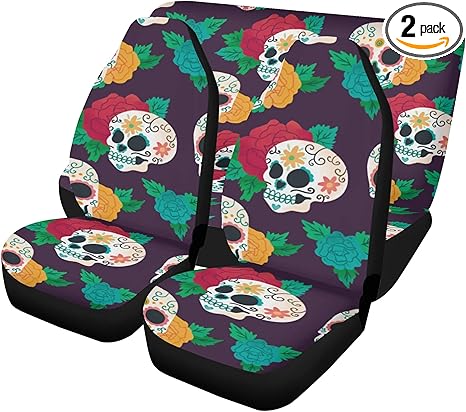 Fiesta Sugar Skull Car Seat Covers and Decorative Mats – Dia de Los Muertos Calaveras Candy Skull Auto Interior Kit for Seat and Carpet Protection (4pcs Front+Back mats)