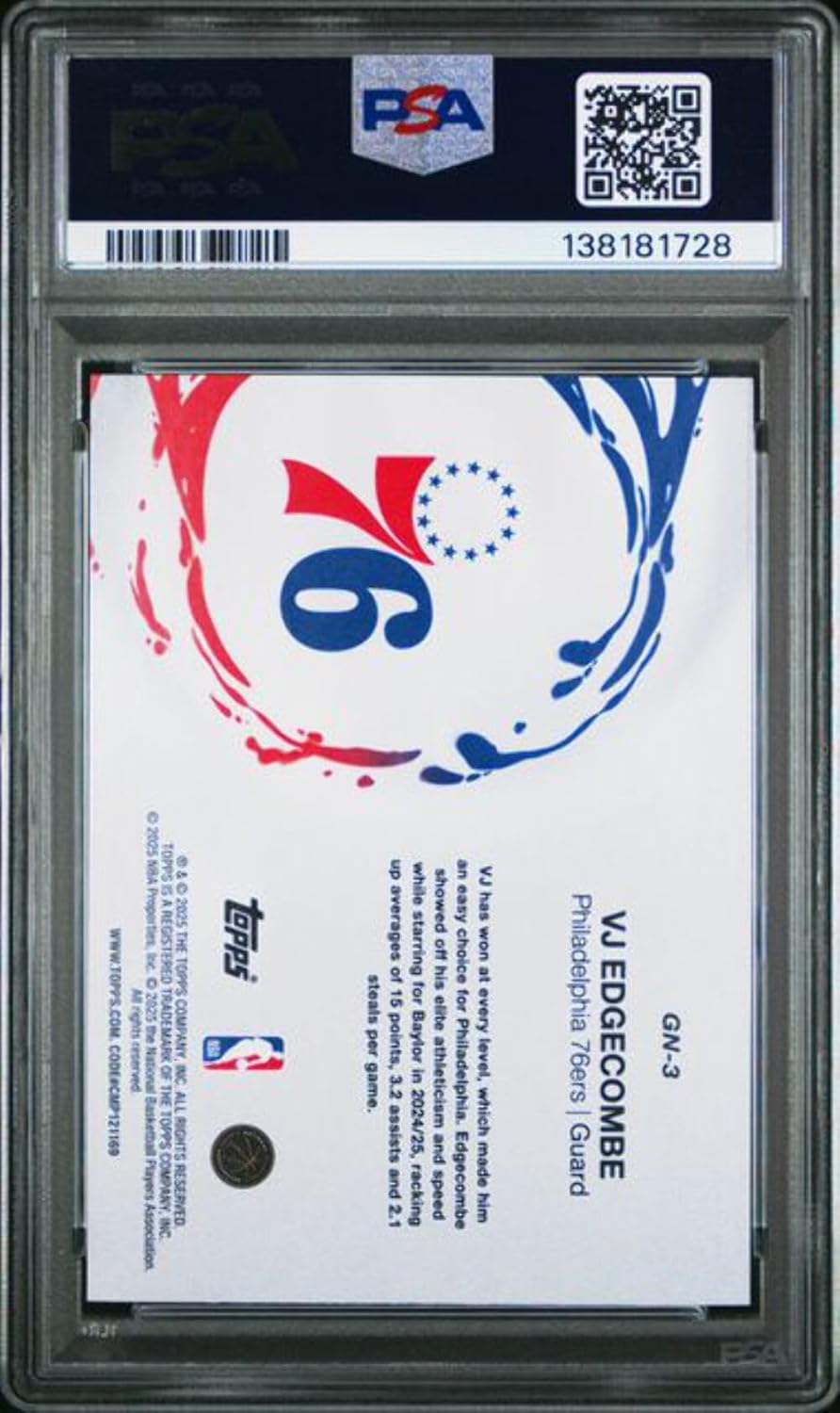 Graded 2025 Topps VJ Edgecombe #GN3 Generation Now Rookie RC Basketball Card PSA 10 Gem Mint