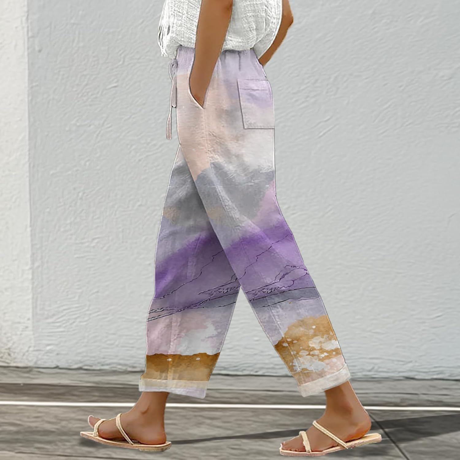 Lounge Pants for Women Trendy Floral Elastic High Waist Drawstring Palazzo Pants Summer Casual Trousers - Image 2