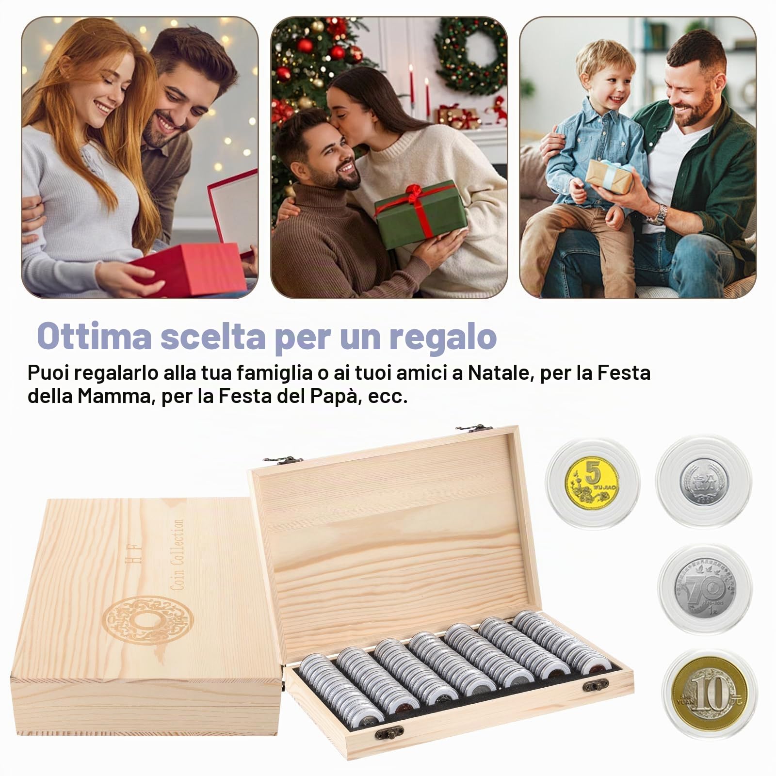 Capsule per Monete, Scatola per Raccolta di Monete in Legno, Portamonete da Collezione, Portamonete in Legno per Collezionisti 18mm, 21mm, 25mm, 27mm, 30mm (100 Capsule per Monete)