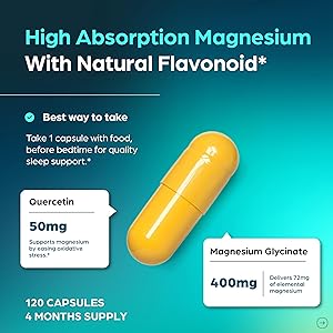 Magnesium Glycinate 400mg High Absorption Capsules with Quercetin | Quality Sleep, Relaxation & Muscle Health Supplement for Women and Men | Chelated Magnesium 120 Count (Pack of 1) | Easy to Swallow