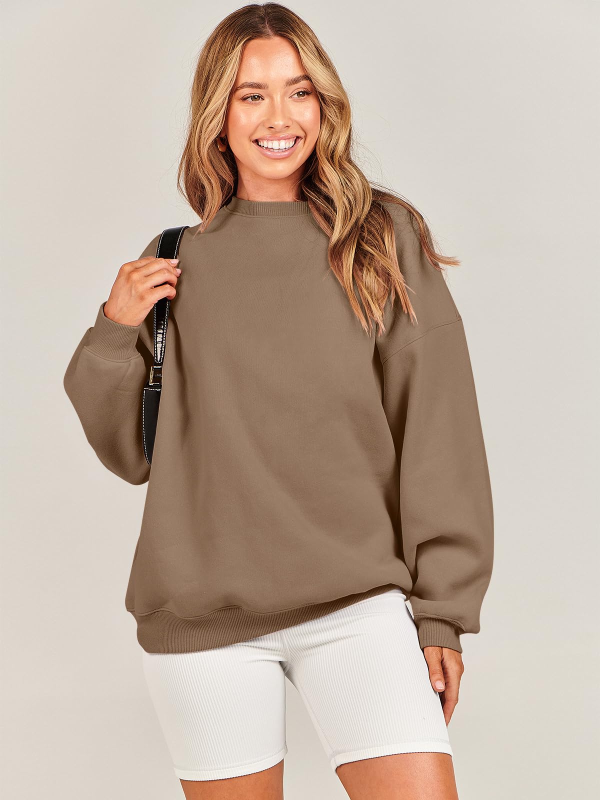 Damskie bluzy oversize bluzy z kapturem polar okrągły dekolt sweter top codzienne jesienne stroje preppy ubrania nastolatki 2024 A1019 światło, Jeden kolor, Brown_X-Small