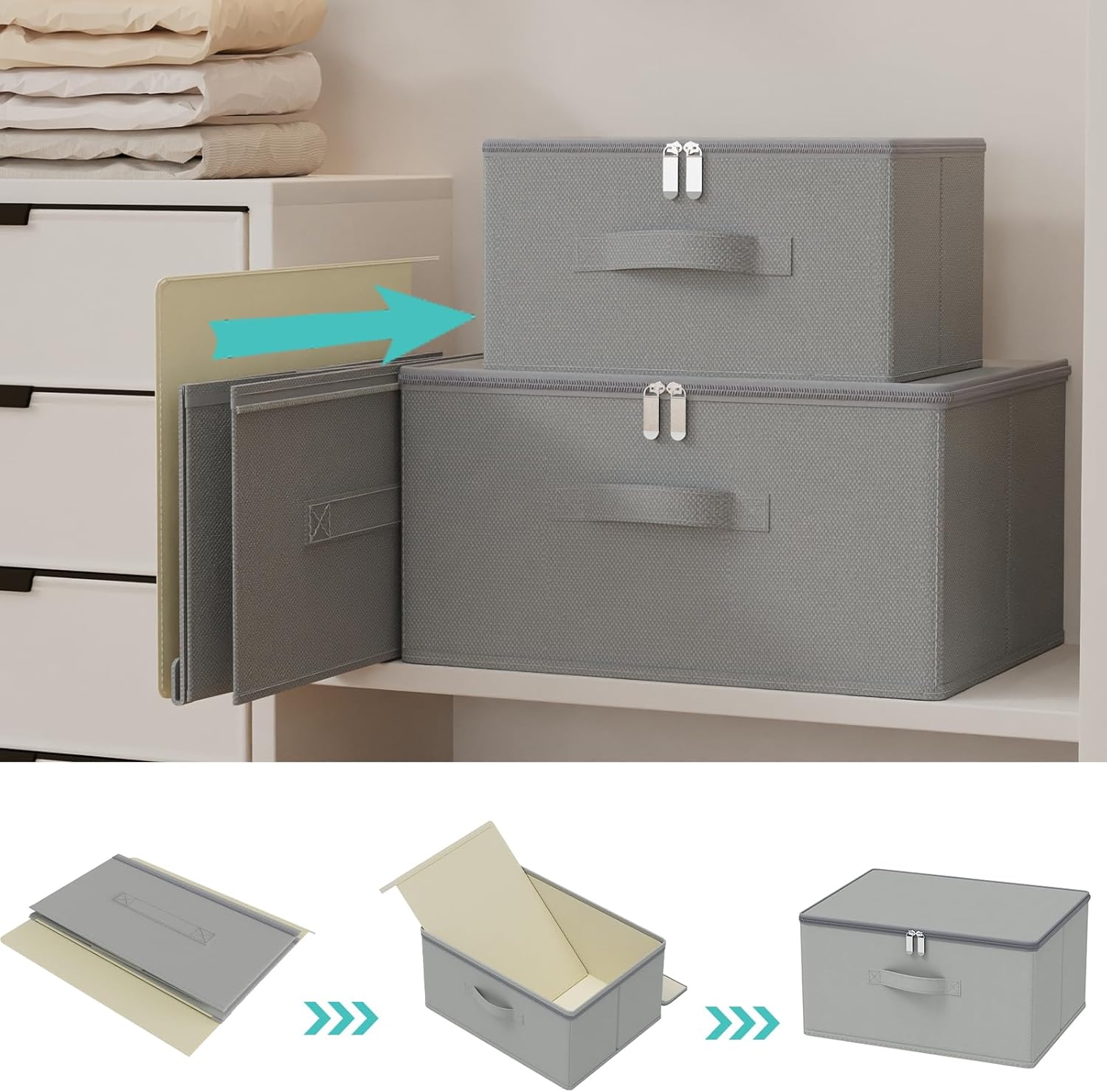 Storage Bins with Zipper, Cube Organizer Basket with Lid, Collapsible Stackable Closet Boxes, for Home and Bedroom, 4 Pack, Grey, 11.8 x 7.9 x 6.3 In, XSNY16GS-4