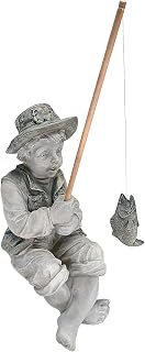 Design Toscano Frederic Little Fisherman Boy Fishing Garden Statue, 15" Tall Cast Stone Resin, Two-Tone Stone Finish