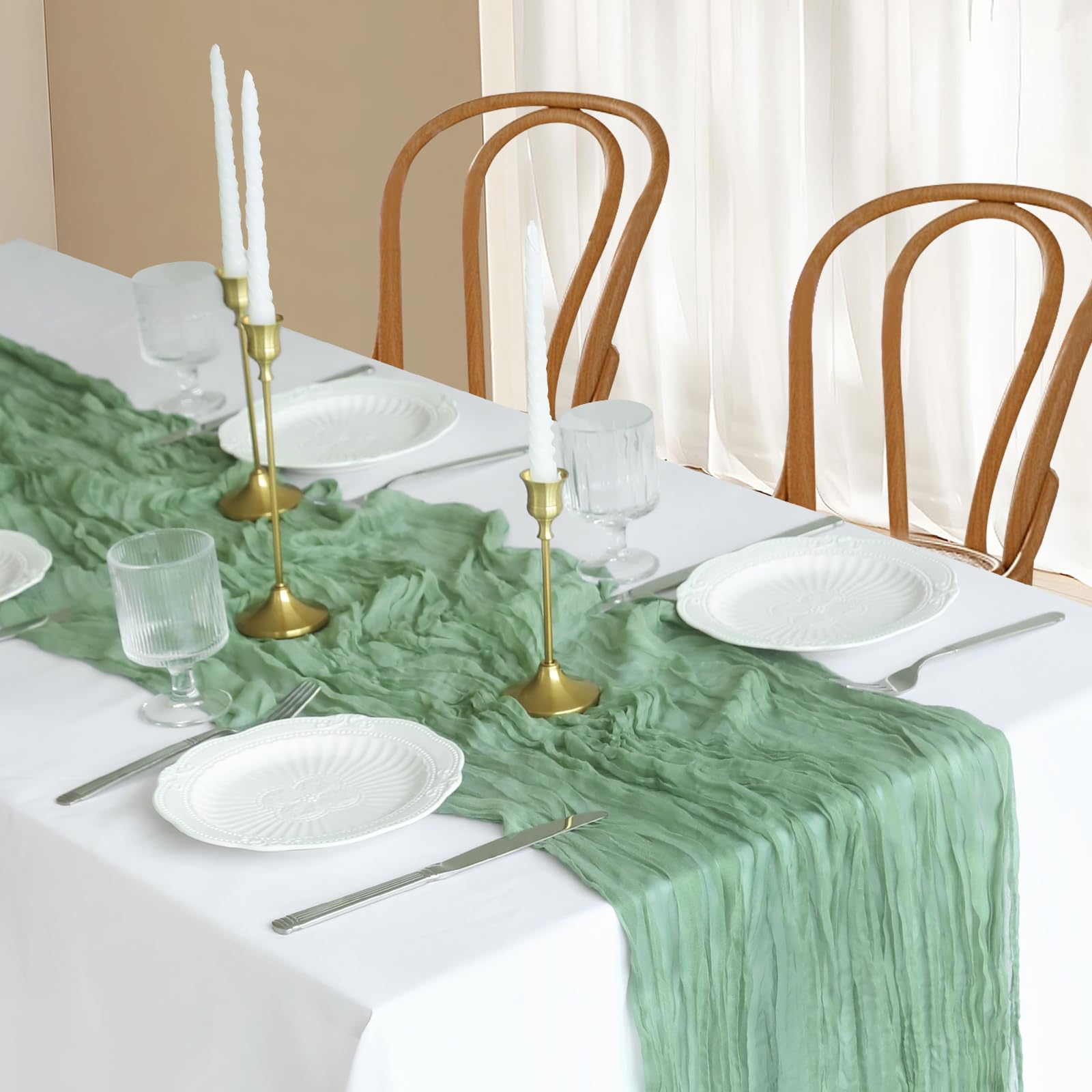 Sage Green Cheesecloth Table Runner - 10FT Long, 35\" Wide Boho Gauze Runner For Wedding, Baby Shower, Party Decor