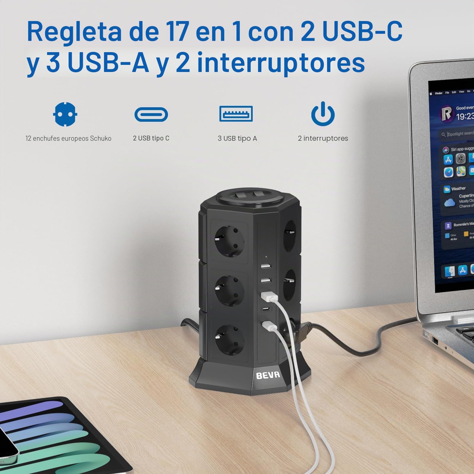 BEVA Regleta Enchufes Vertical de 12 Tomas Corrientes y 5 Rápida USB Tomas, Ladron Enchufe de Corriente con Protección contra Sobrecargas y Interruptores, Cable de 2M, 2500W/10A Black | 2500 W/10 A, 2 USB-C (15 W), 3 USB-A, con interruptor, para oficina y