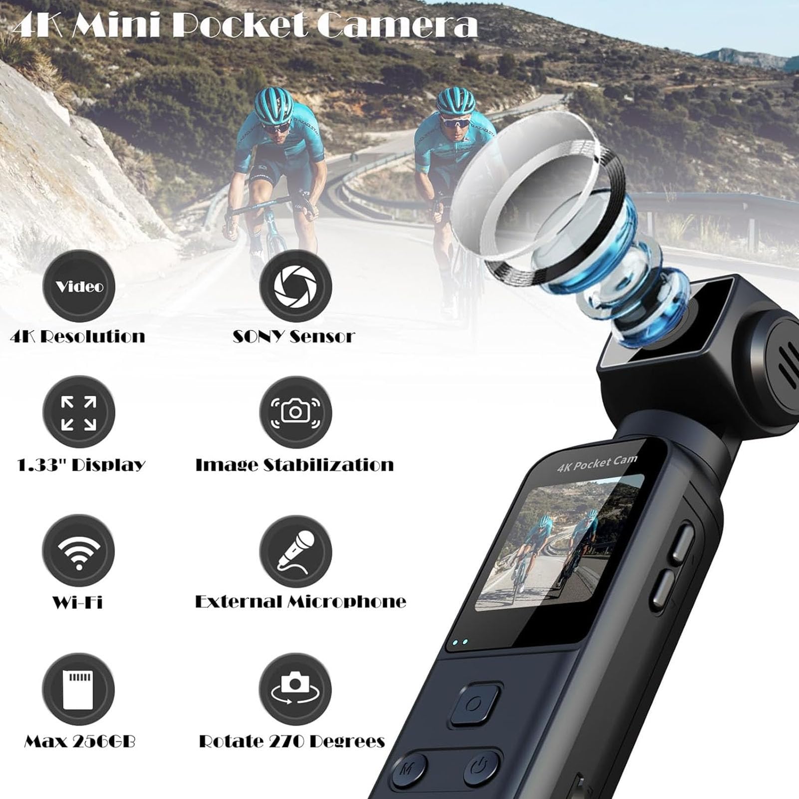 Bewinner Kamera 4K z Zewnętrznym Mikrofonem, Mini Wideo i kamerę kieszonkową, 3 -osiową stabilizację, Obrotowy Obiektyw 270 °, Kamera POV 1,3 "do Sportu na Zewnątrz, Rower, podróż
