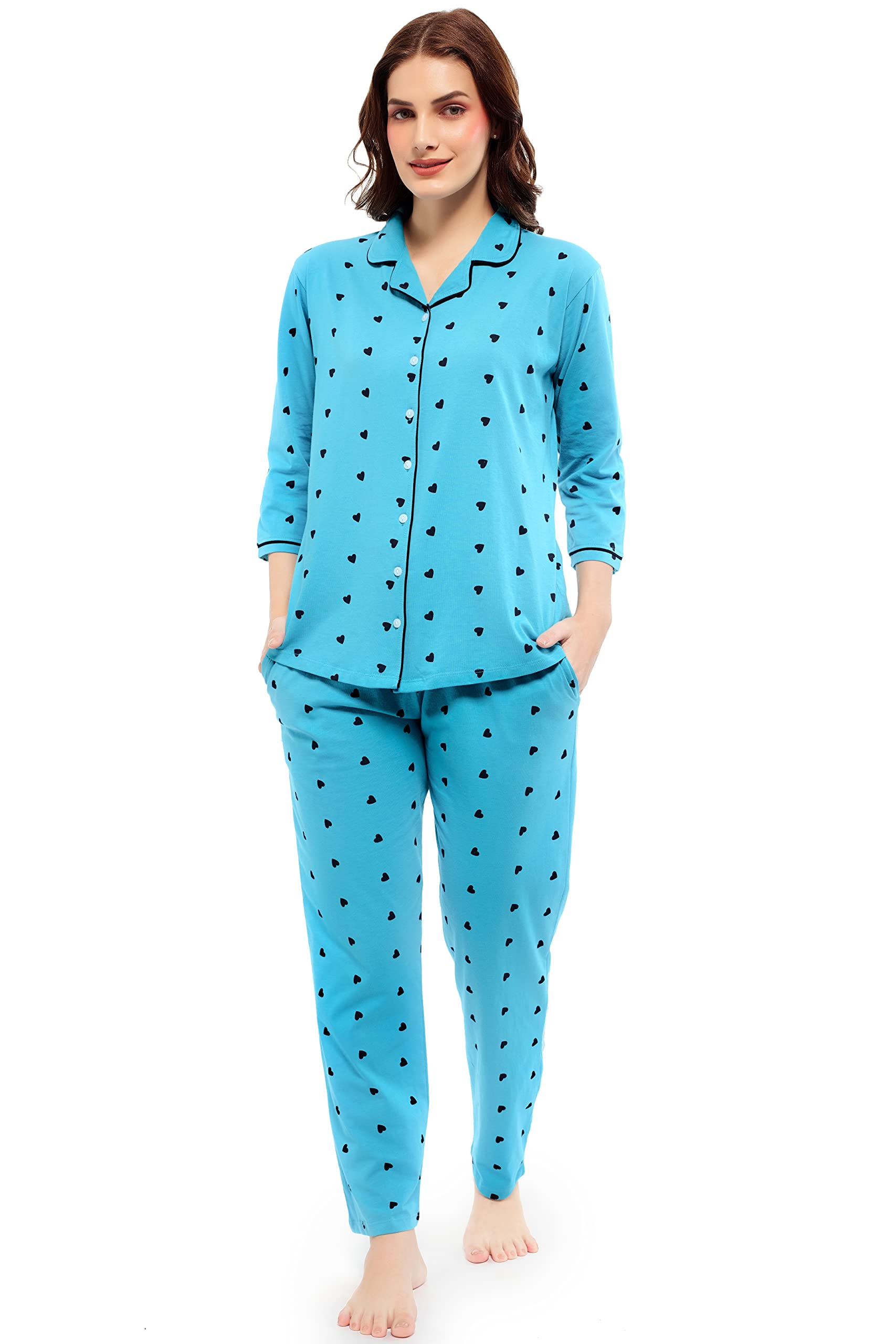 zeyo Women's Cotton Heart Printed Night Suit Set Of Shirt & Pajama Set 51521-picture-46