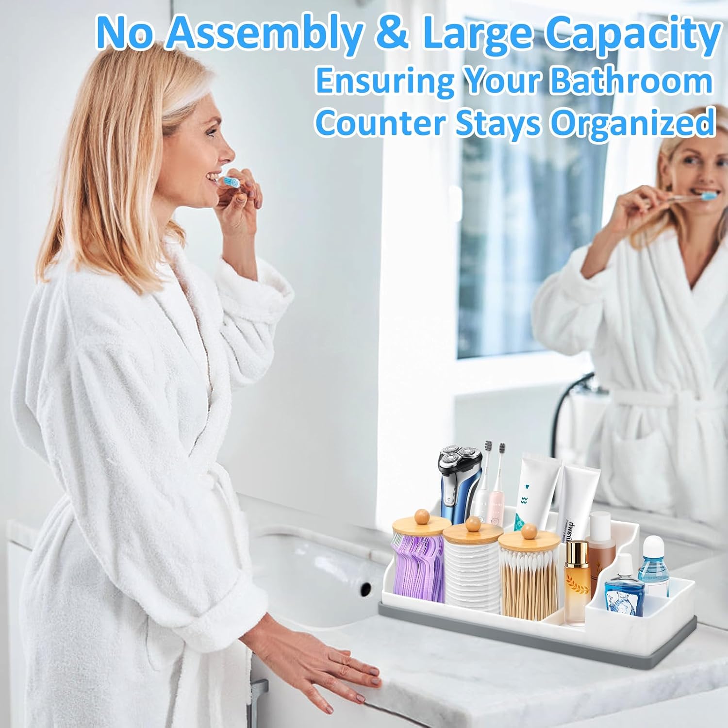 Bathroom Counter Organizer, Large White Silicone Toothbrush Holders for Bathrooms with 3PCS Qtip Holder, Bathroom Organizer Countertop Toothbrush and Toothpaste Holder for Makeup Organizer for Vanity