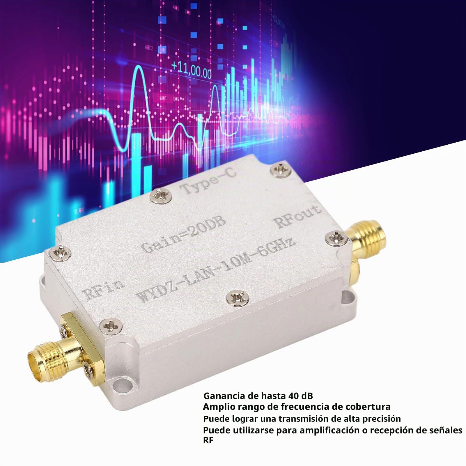 Amplificador RF 40dB Alta Ganancia 10M a 6GHz Amplificador de Banda Ancha Ancha y bajo Ruido Transmisión Precisa Preamplificador de Potencia RF para Radio FM