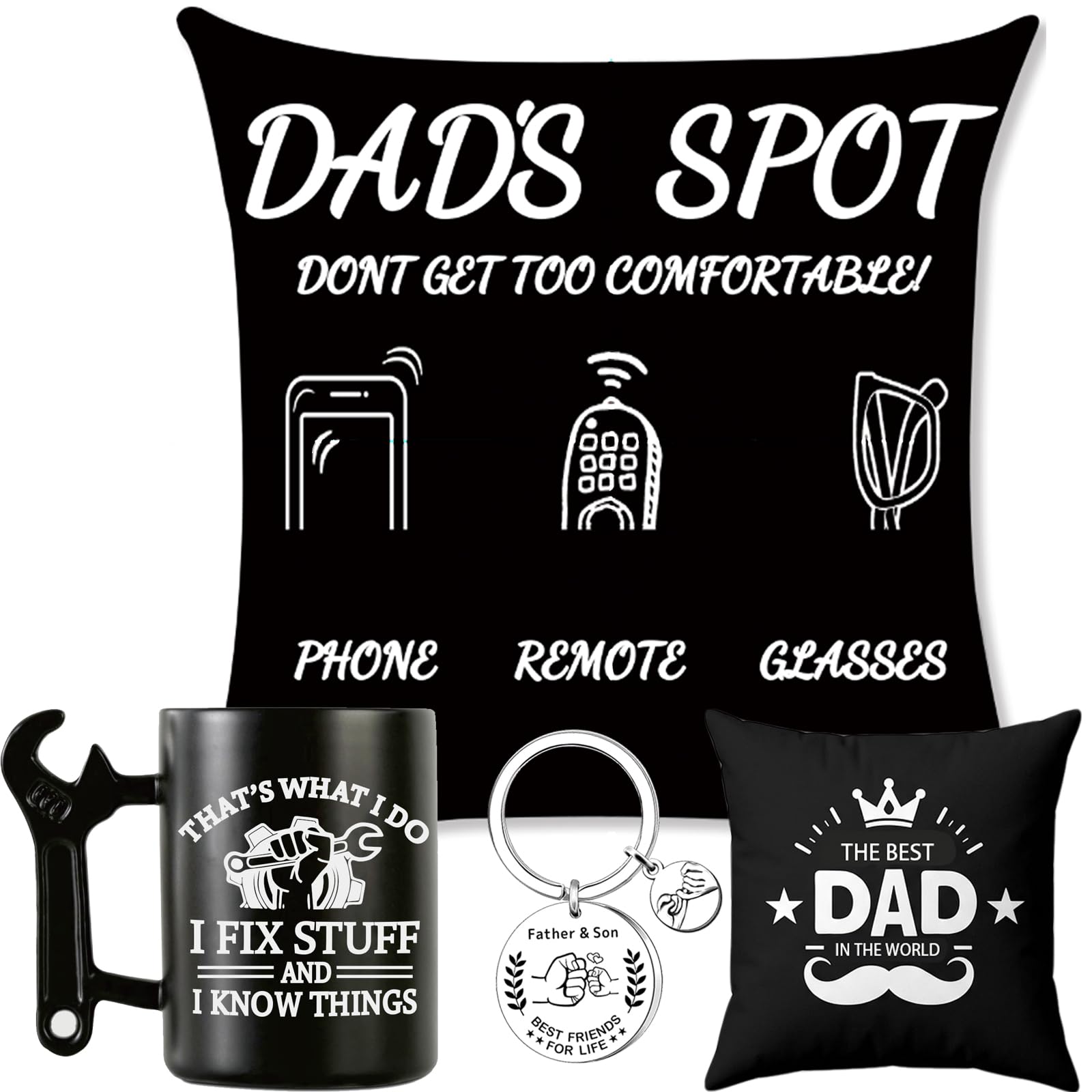 Charfia Set regalo per papà, federa per cuscino, tazza e portachiavi, double-face, 45 x 45 cm, con tasche, regalo di Natale e compleanno per papà dalla festa del papà