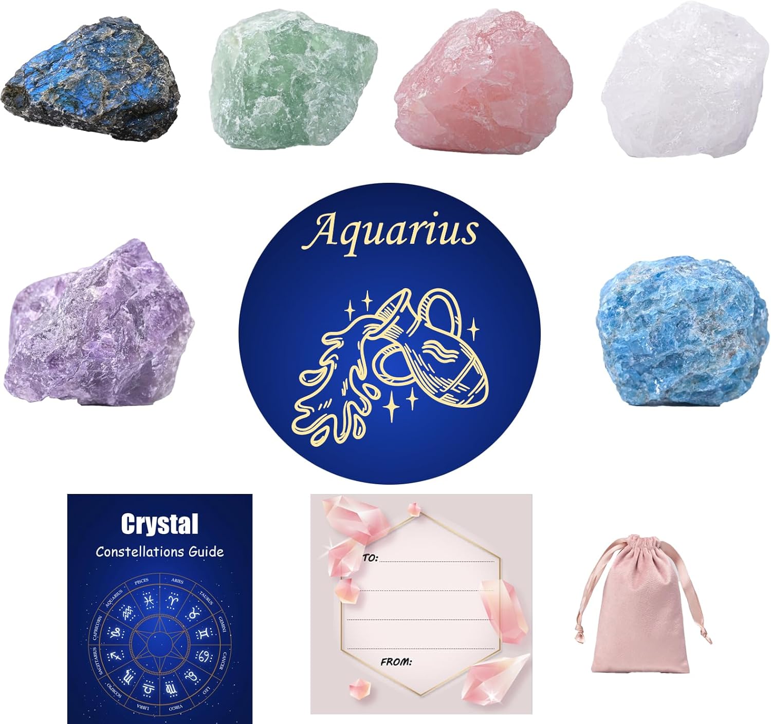 Crystals and Healing Raw Stones, Natural Gemstone Raw, 6PCS Crystals Constellation Sets for Gifts, Yoga Meditation (Aquarius)